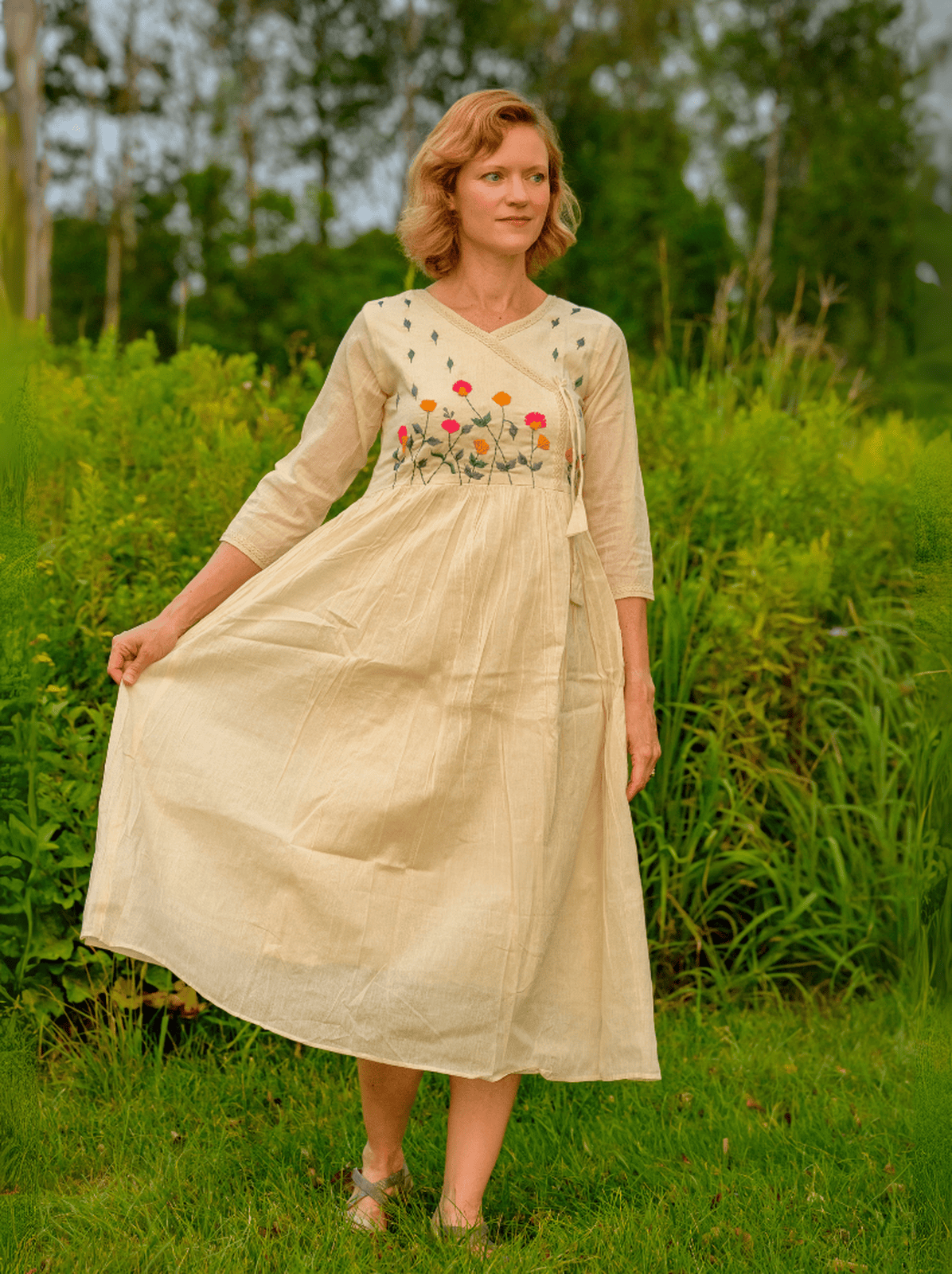 Khadi Organic Cotton Floral Dress - E-Khadi USA Khadi / Off White / XL Khadi Organic Cotton Floral Dress - E-Khadi USA Khadi / Off White / XL