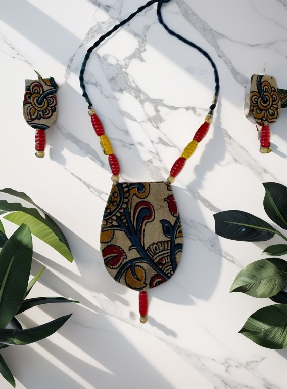 Block print cloth with wood tassel necklace set