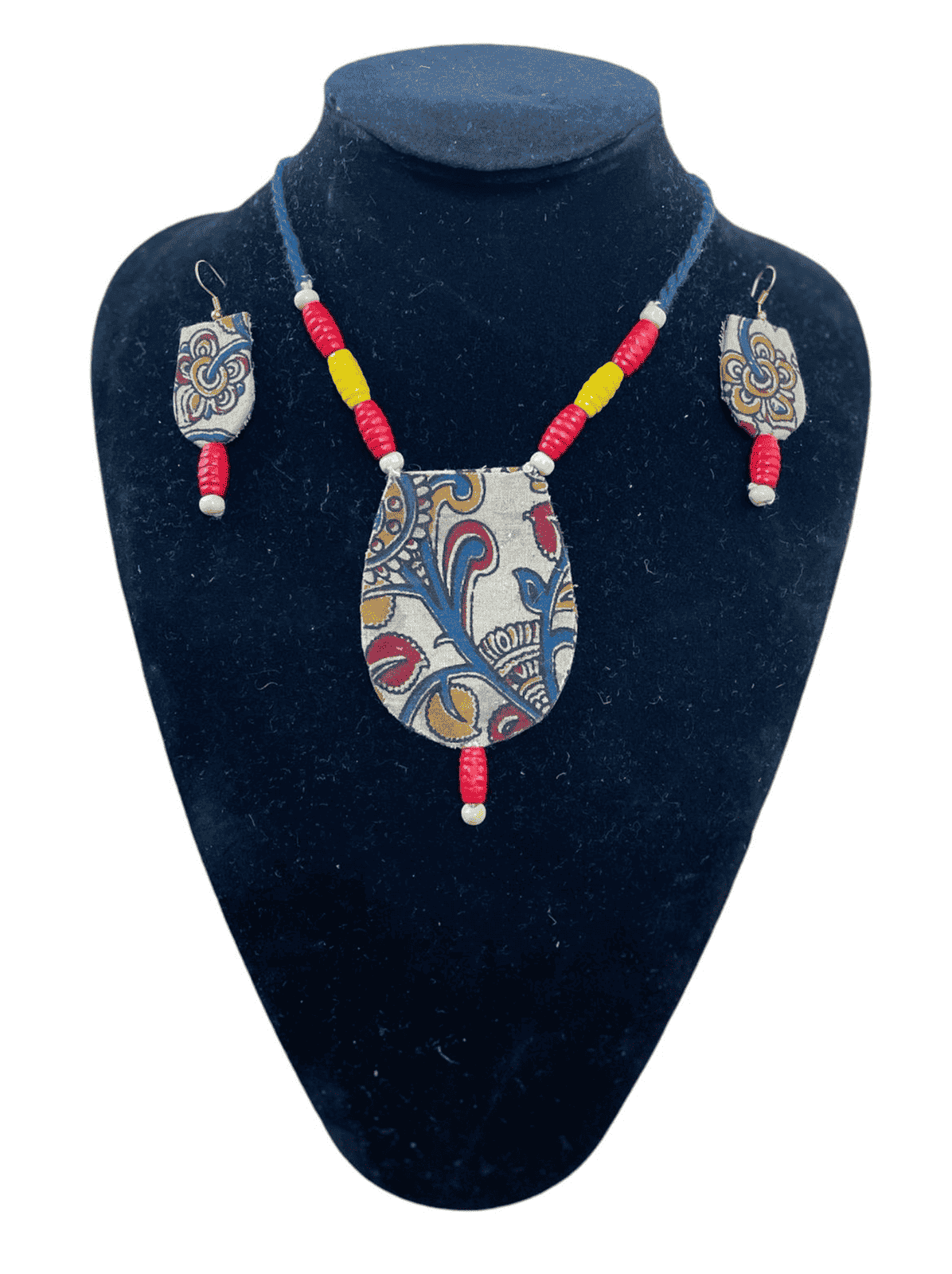 Block print cloth with wood tassel necklace set