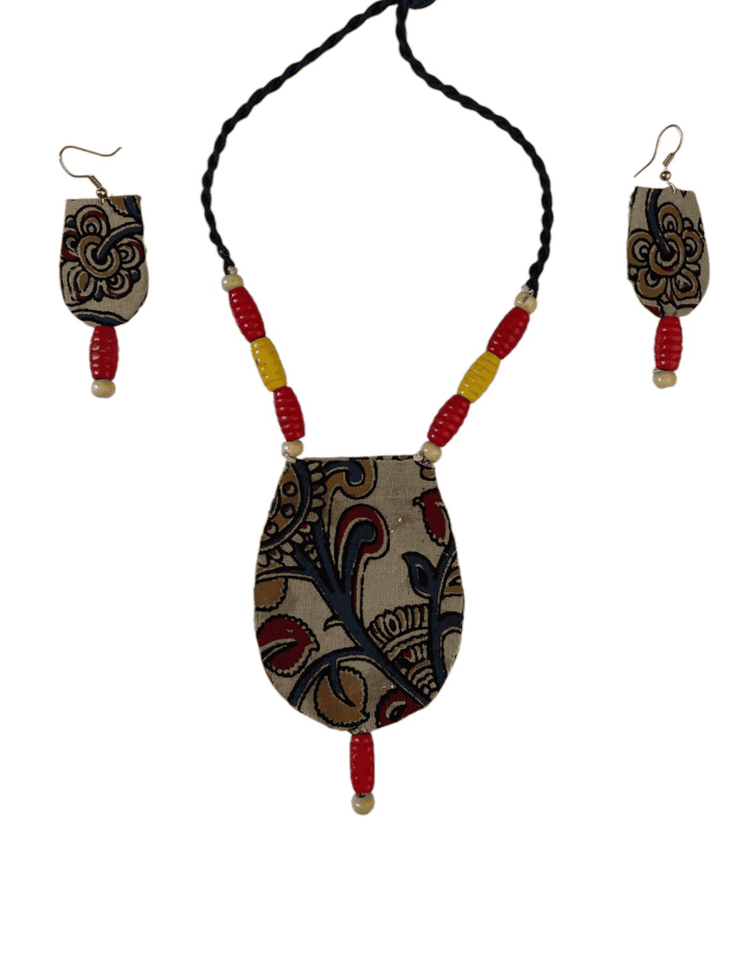 Block print cloth with wood tassel necklace set