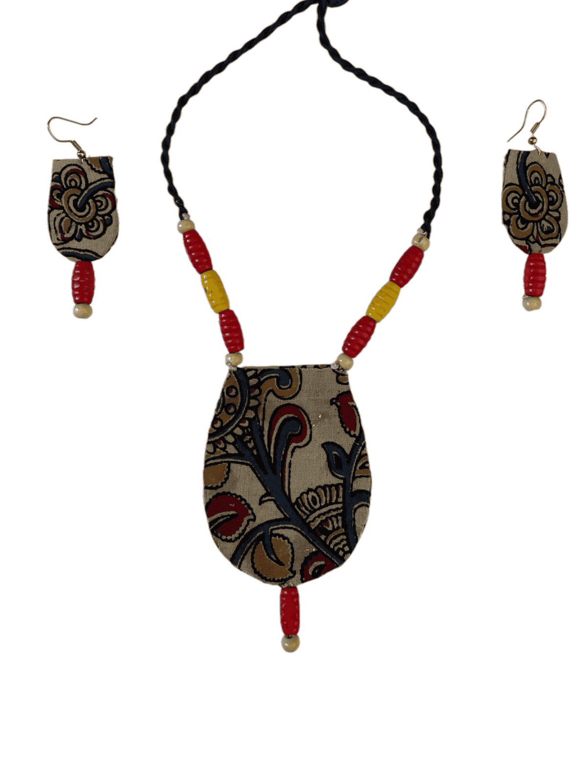 Block print cloth with wood tassel necklace set