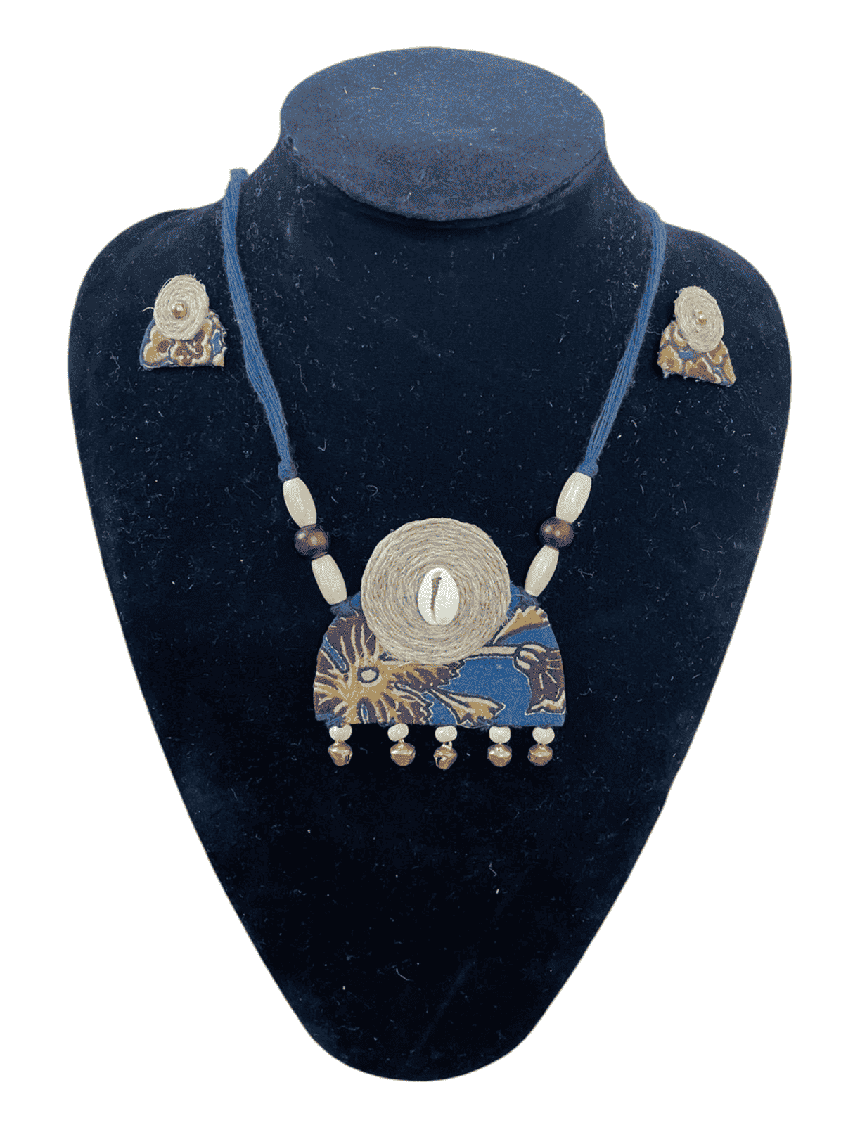 Block Print Cloth with bell tassel Necklace set - Women | E-Khadi