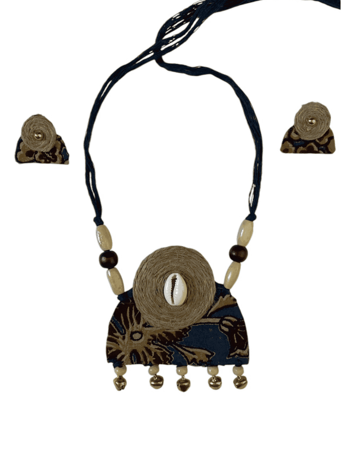 Block Print Cloth with bell tassel Necklace set - Women | E-Khadi