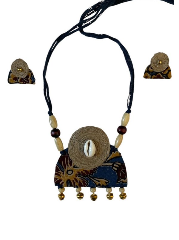 Block Print Cloth with bell tassel Necklace set