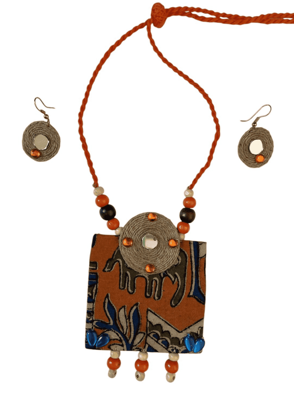 Block print cloth with wood tassel necklace set