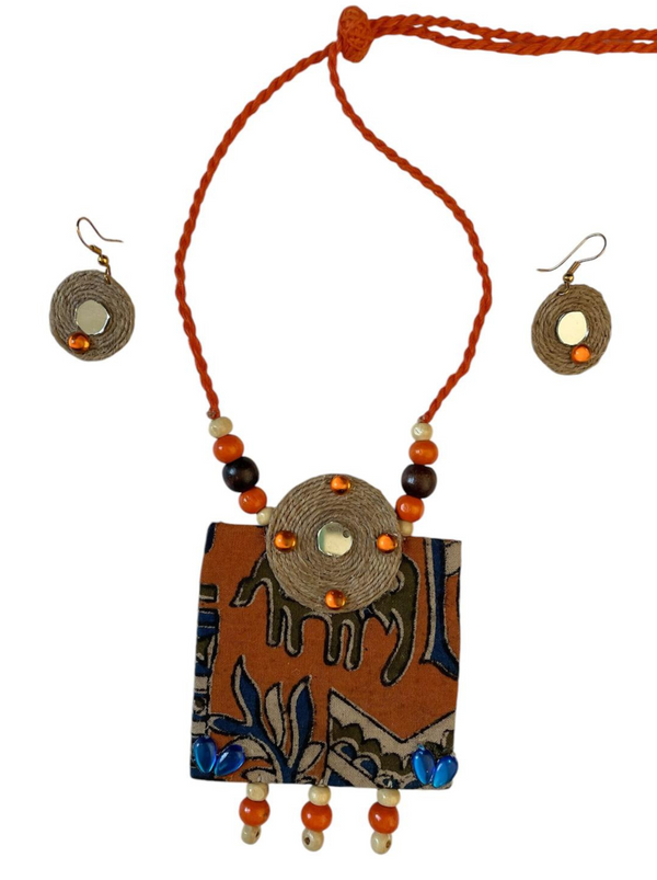 Block print cloth with wood tassel necklace set