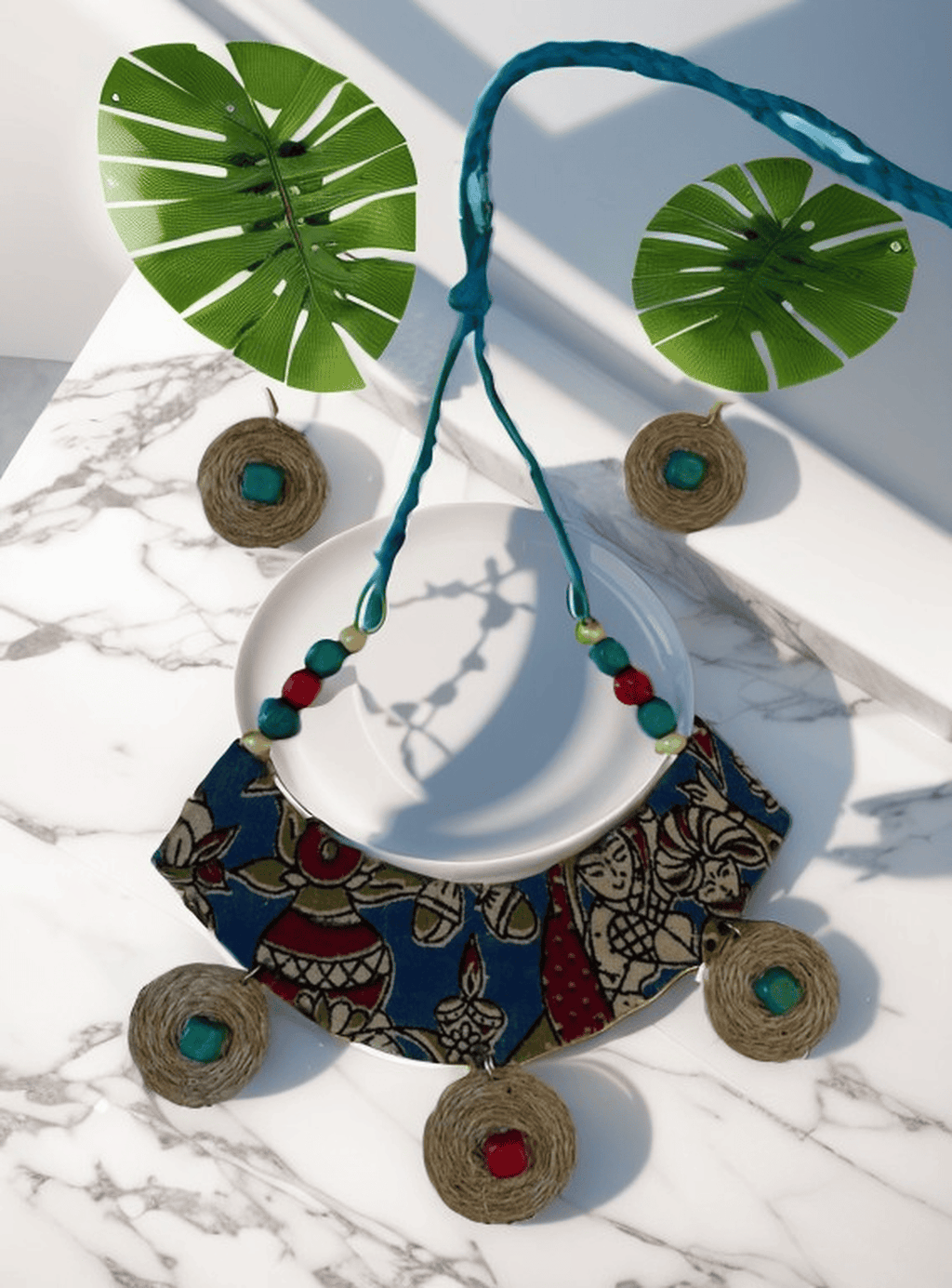 Block print cloth with burlap tassel necklace set