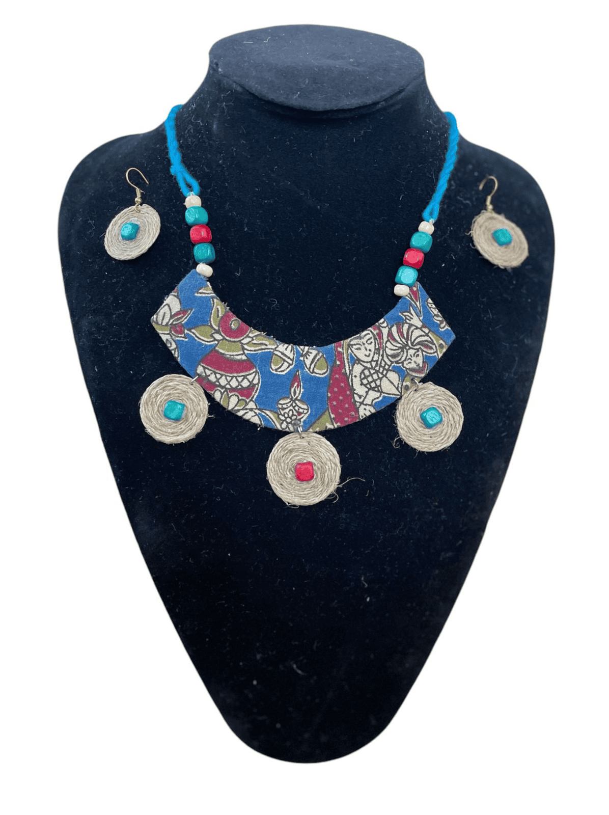 Block print cloth with burlap tassel necklace set