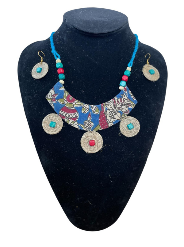 Block print cloth with burlap tassel necklace set