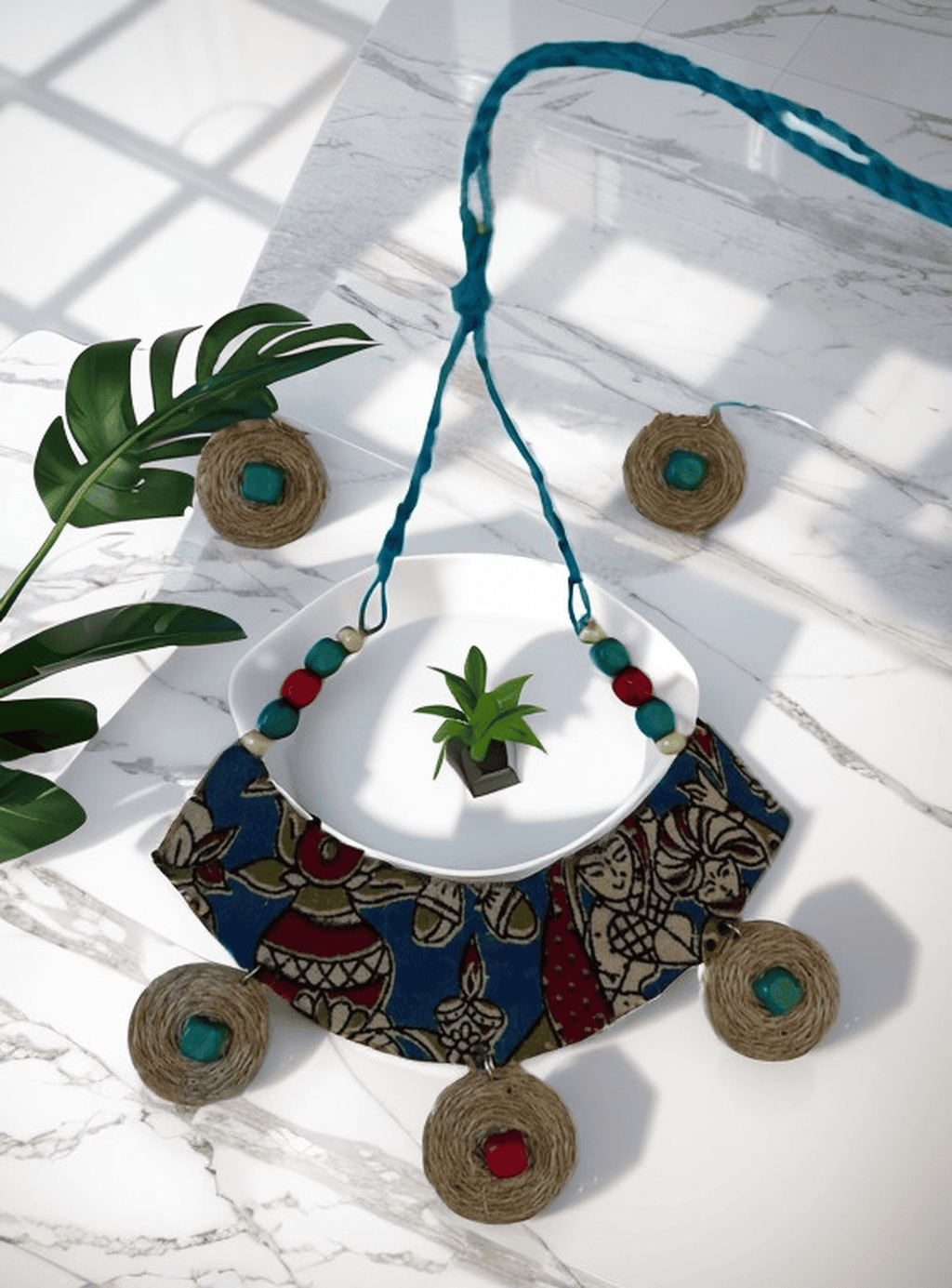 Block print cloth with burlap tassel necklace set