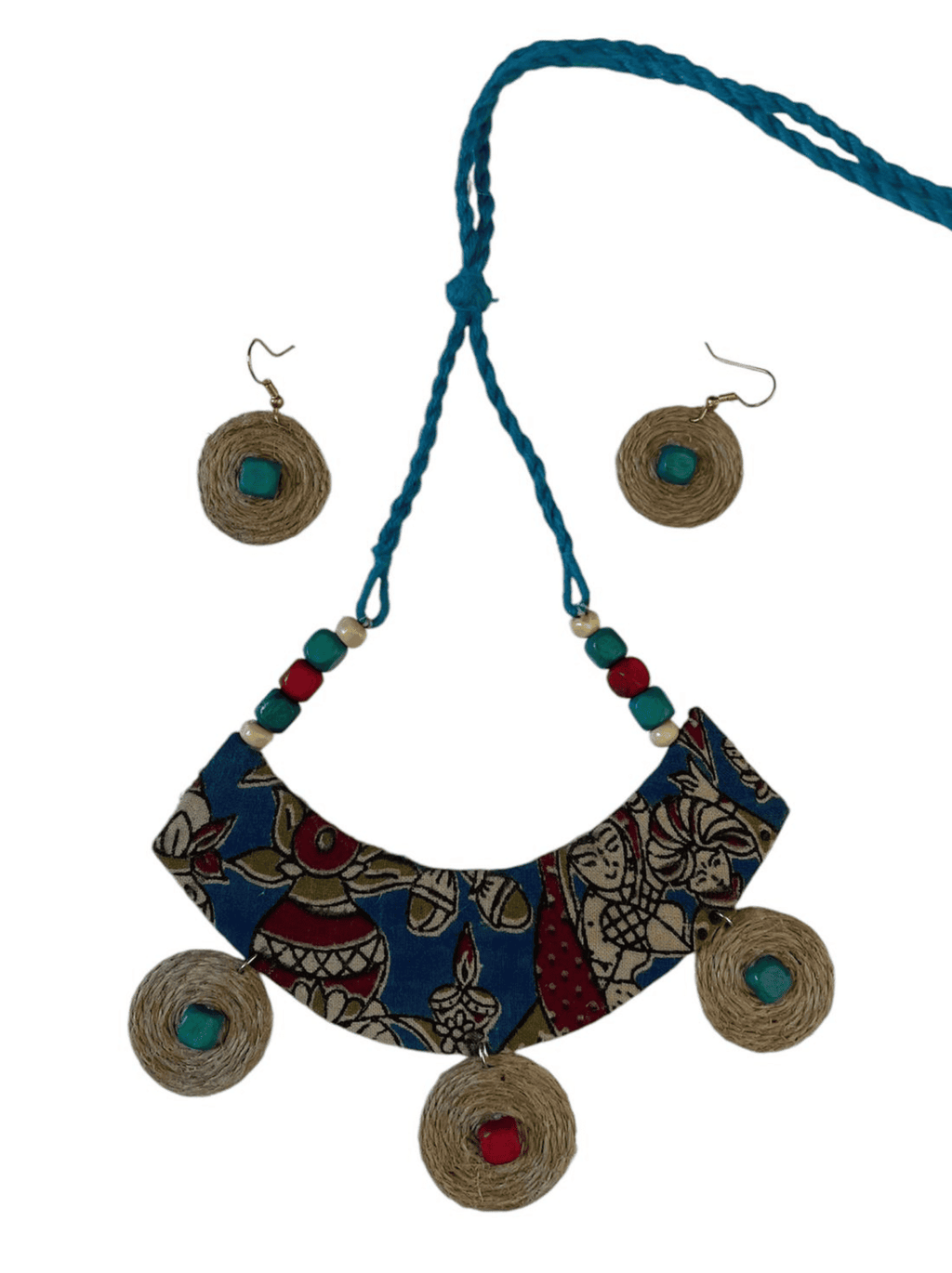 Block print cloth with burlap tassel necklace set