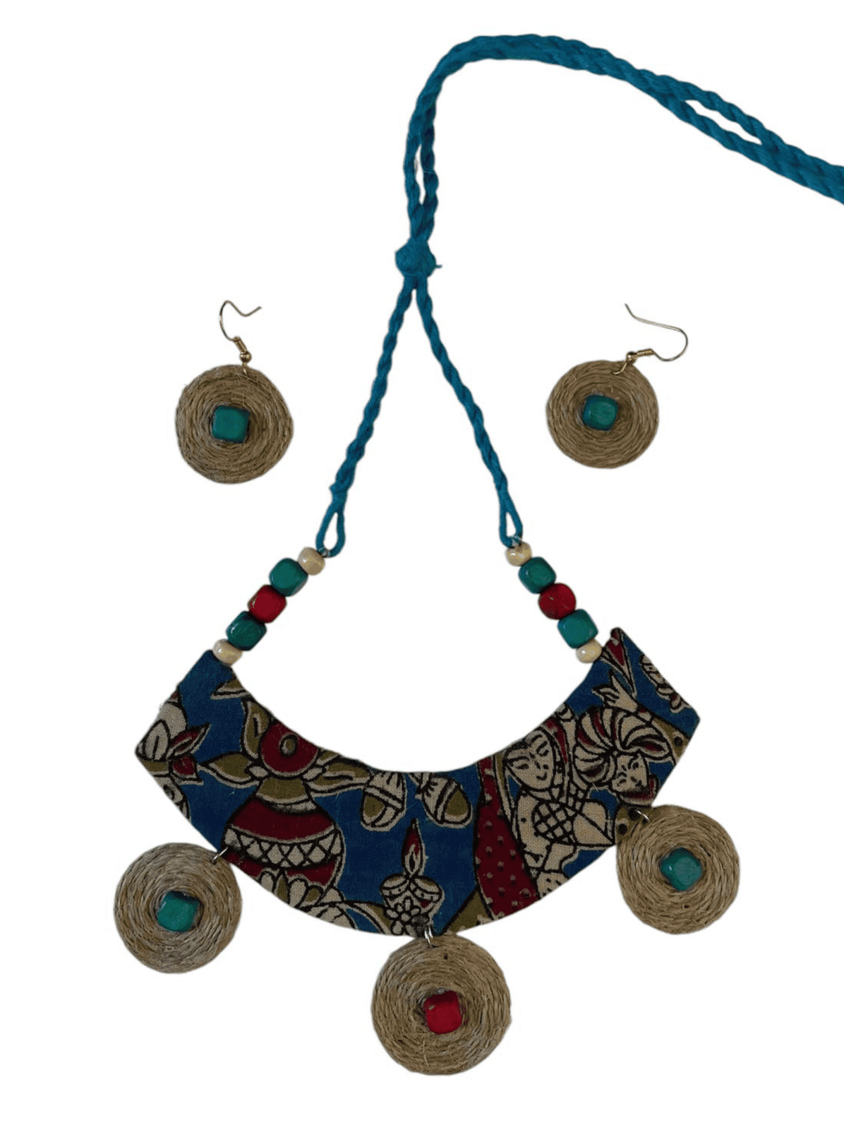 Block print cloth with burlap tassel necklace set