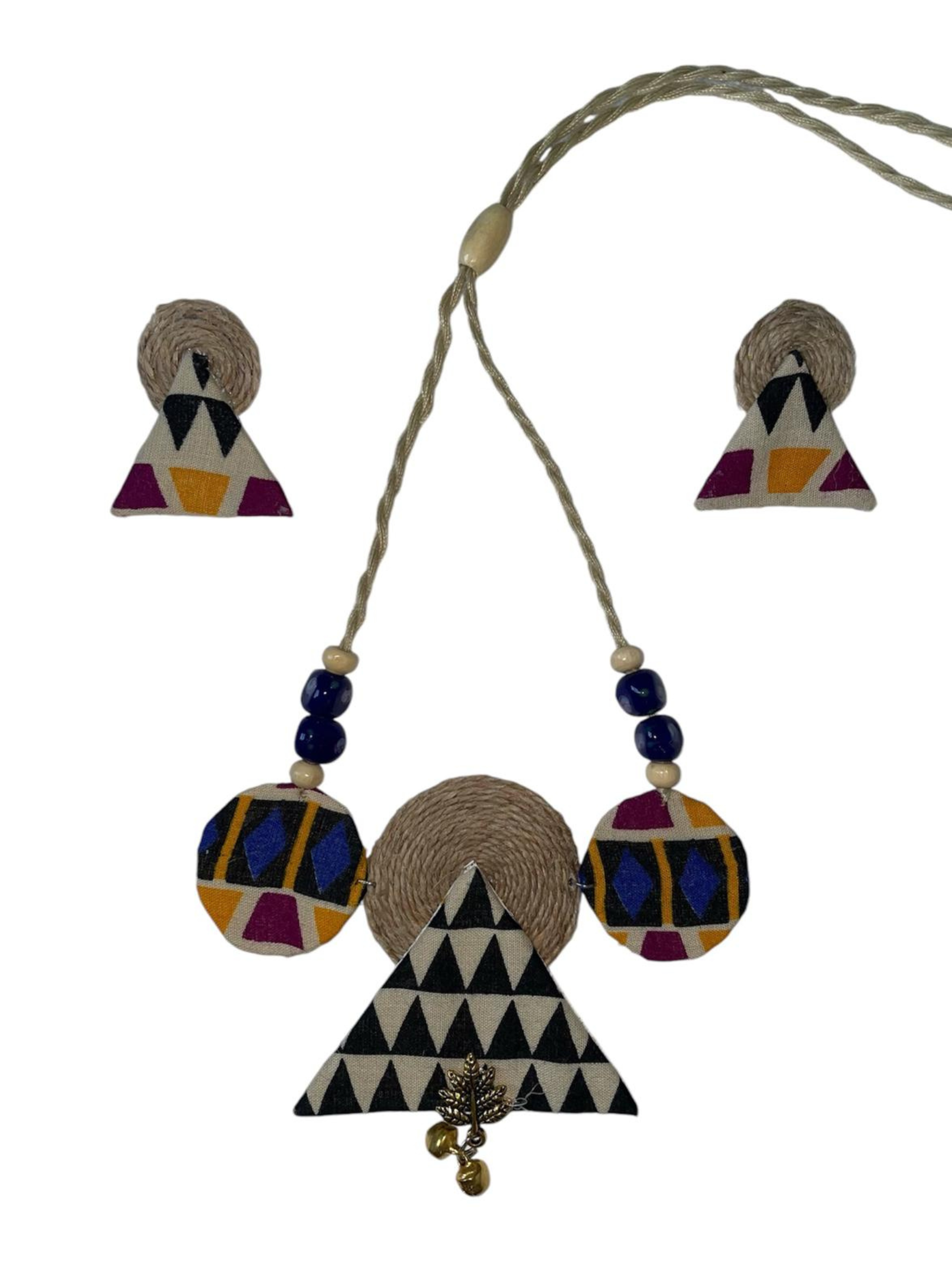 Eco-friendly Handmade Block print triangle Circle necklace set || Jute Jewelry Set || Beach Wedding Jewelry for Bride