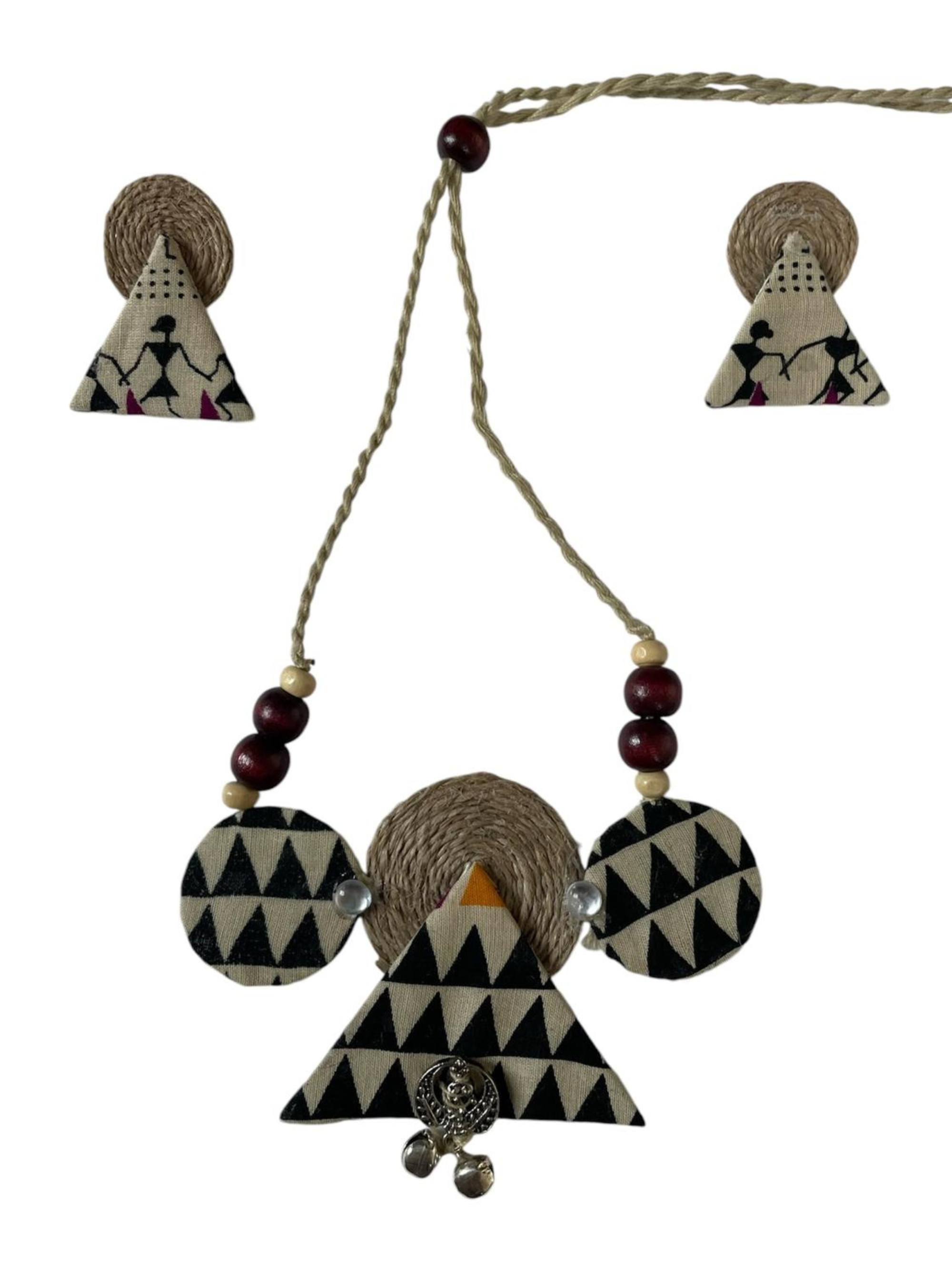 Eco-friendly Handmade Block print triangular Circle necklace set || Jute Jewelry Set || Beach Wedding Jewelry for Bride