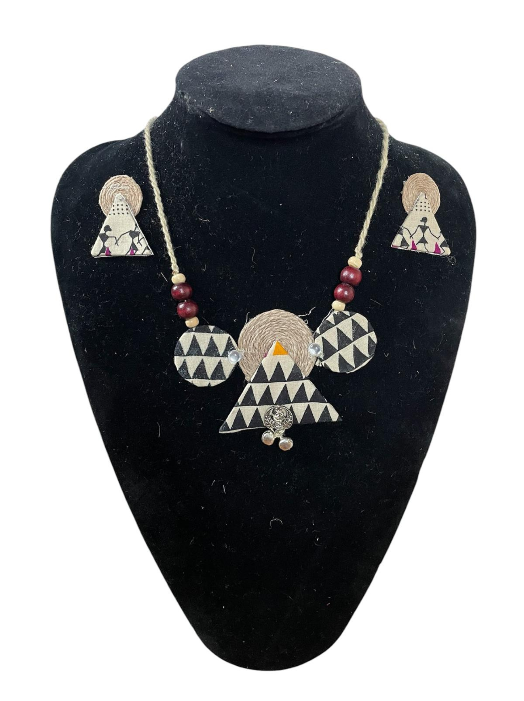 Eco-friendly Handmade Block print triangular Circle necklace set || Jute Jewelry Set || Beach Wedding Jewelry for Bride