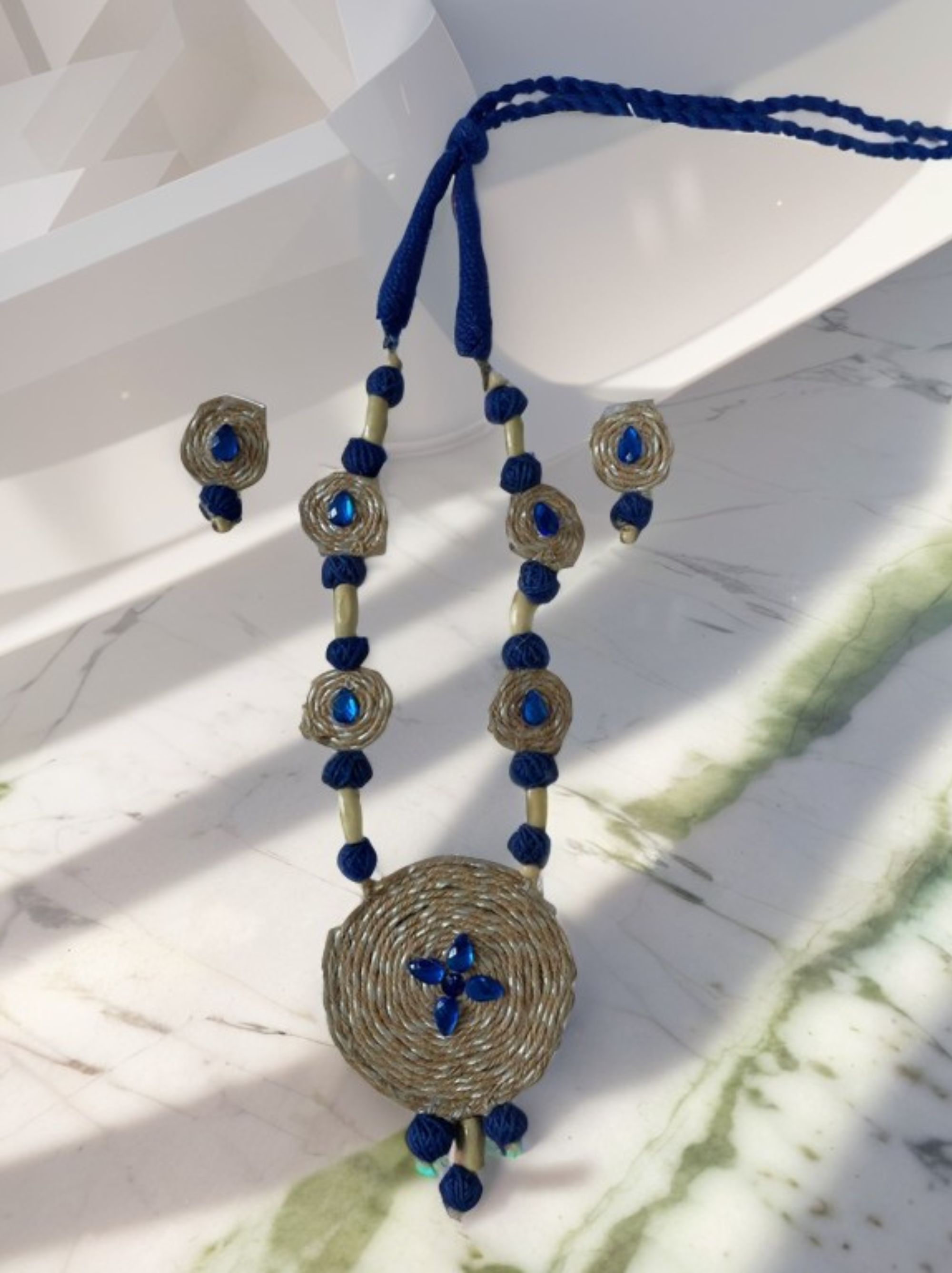 Eco-friendly Handmade Blue Beige coin design necklace set || Jute Jewelry Set || Beach Wedding Jewelry for Bride