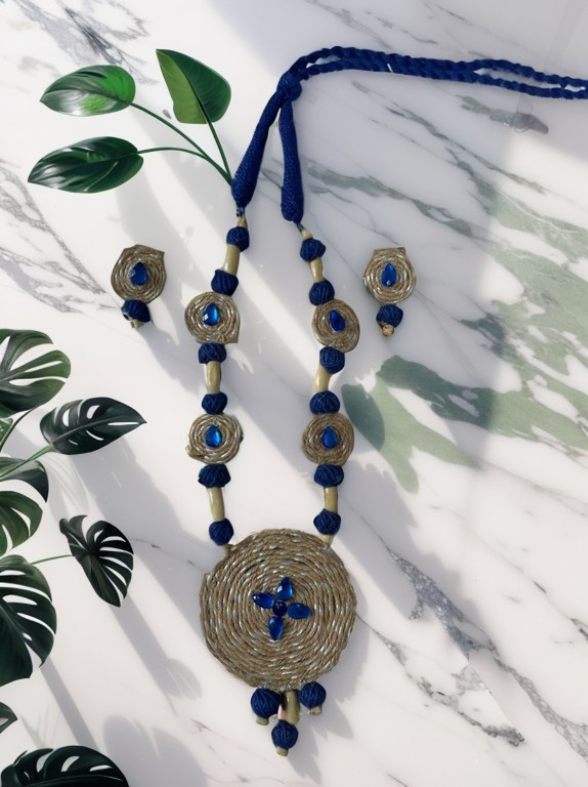 Eco-friendly Handmade Blue Beige coin design necklace set || Jute Jewelry Set || Beach Wedding Jewelry for Bride