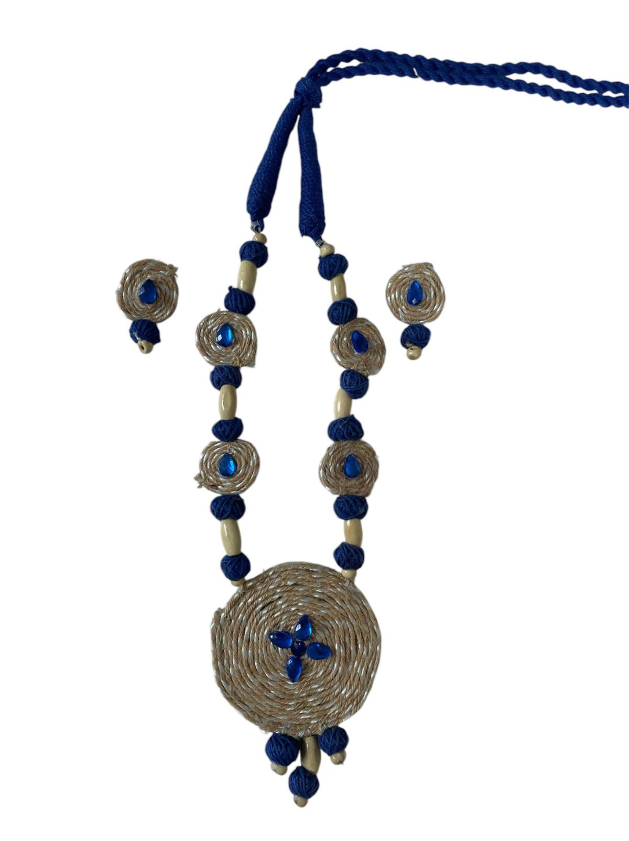 Eco-friendly Handmade Blue Beige coin design necklace set || Jute Jewelry Set || Beach Wedding Jewelry for Bride