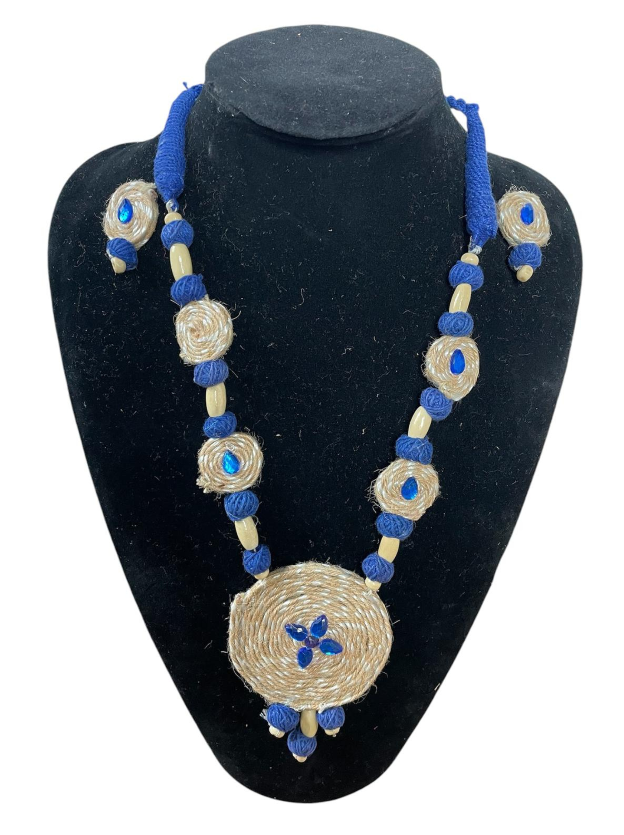 Eco-friendly Handmade Blue Beige coin design necklace set || Jute Jewelry Set || Beach Wedding Jewelry for Bride