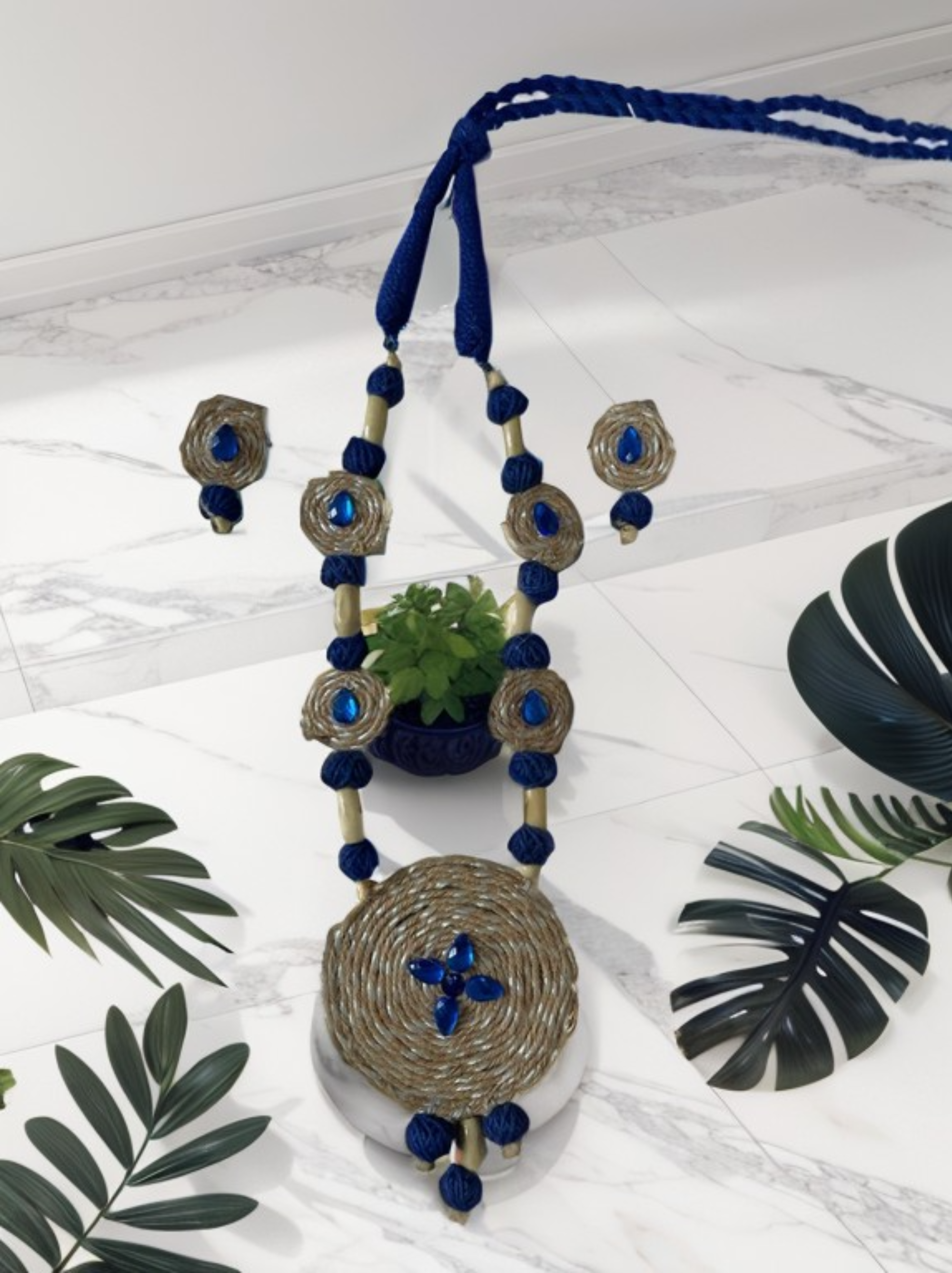 Eco-friendly Handmade Blue Beige coin design necklace set || Jute Jewelry Set || Beach Wedding Jewelry for Bride