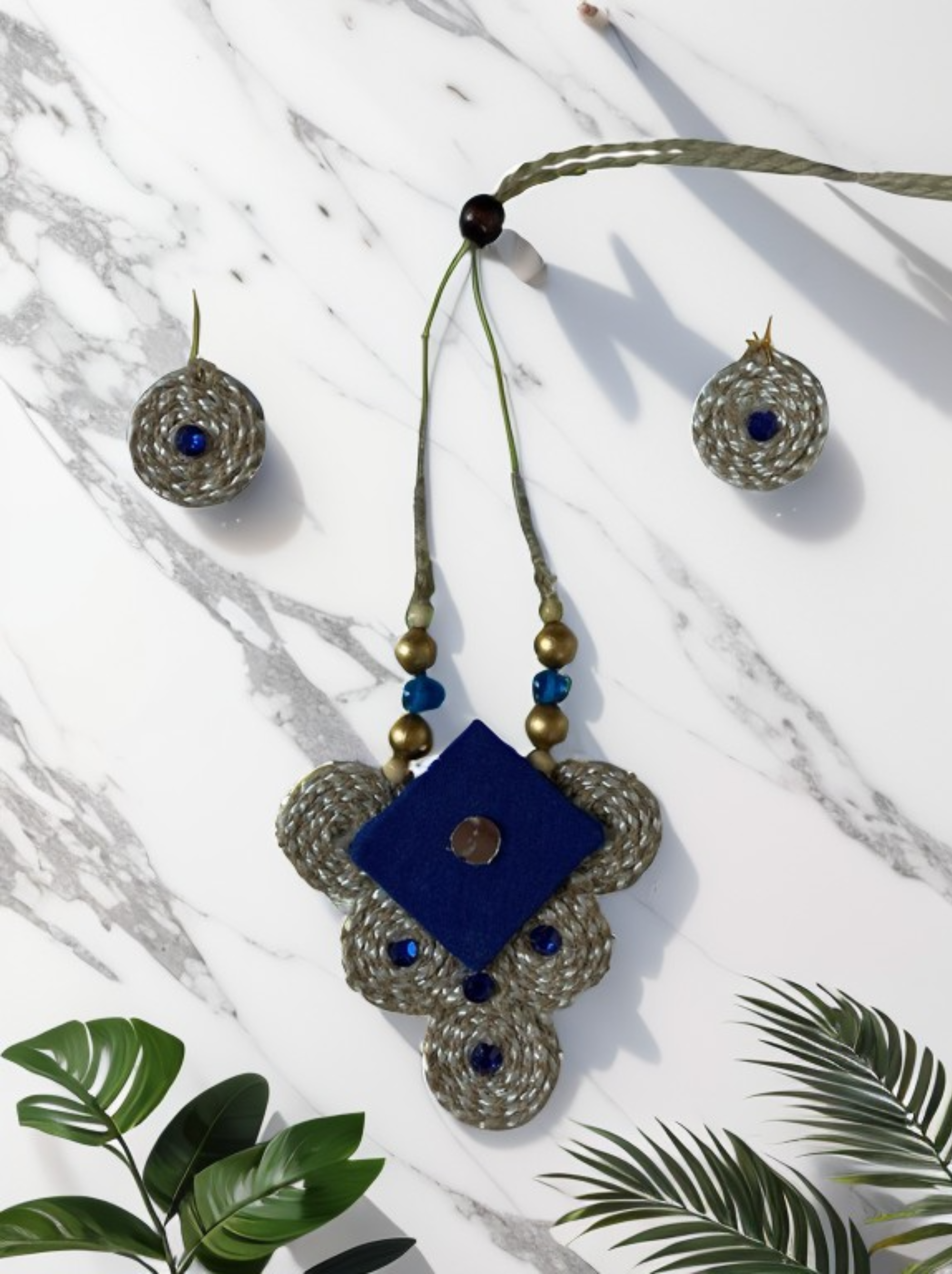 Eco-friendly Handmade Blue Diamond shape Necklace set || Jute Jewelry Set || Beach Wedding Jewelry for Bride