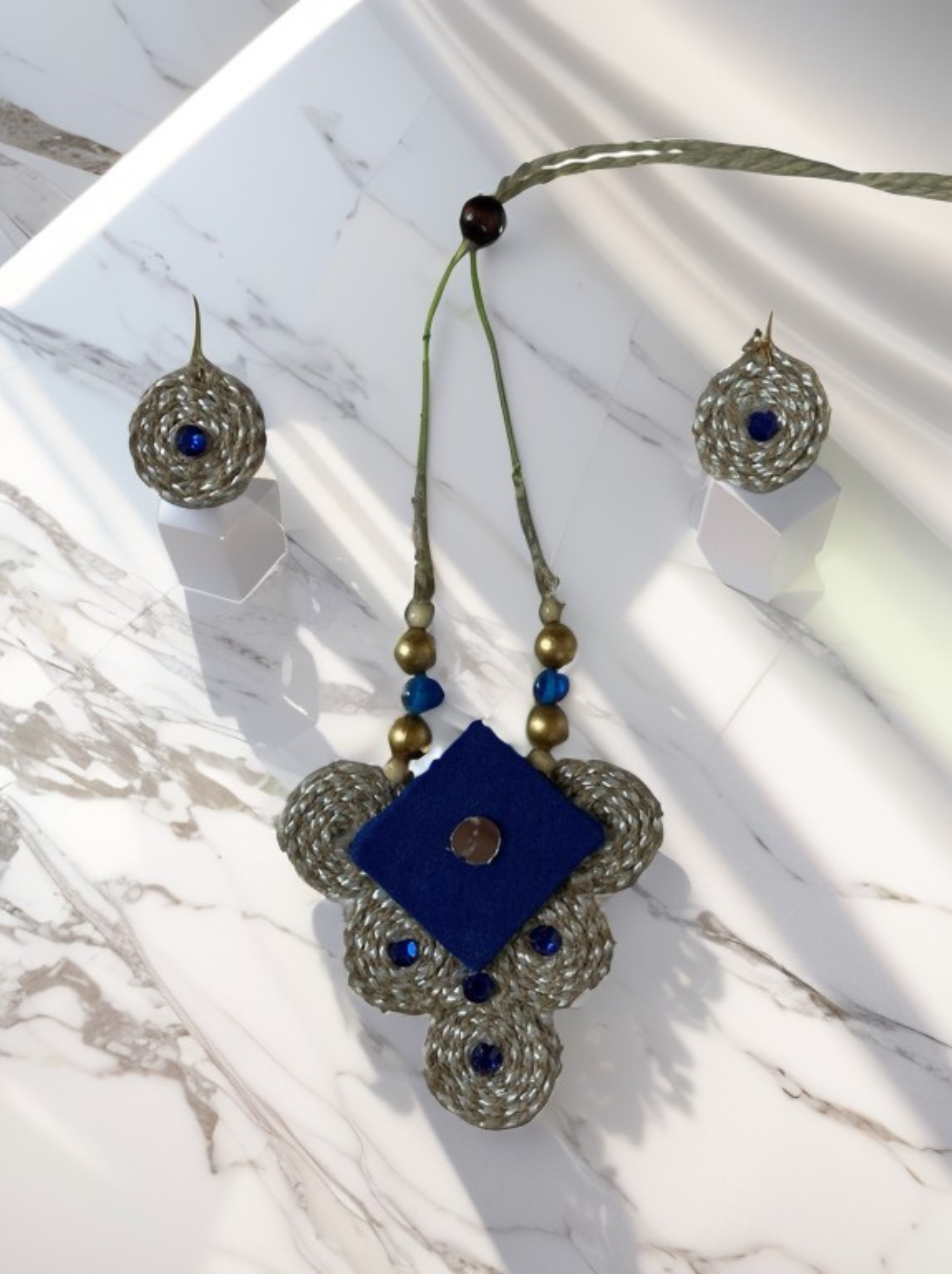 Eco-friendly Handmade Blue Diamond shape Necklace set || Jute Jewelry Set || Beach Wedding Jewelry for Bride