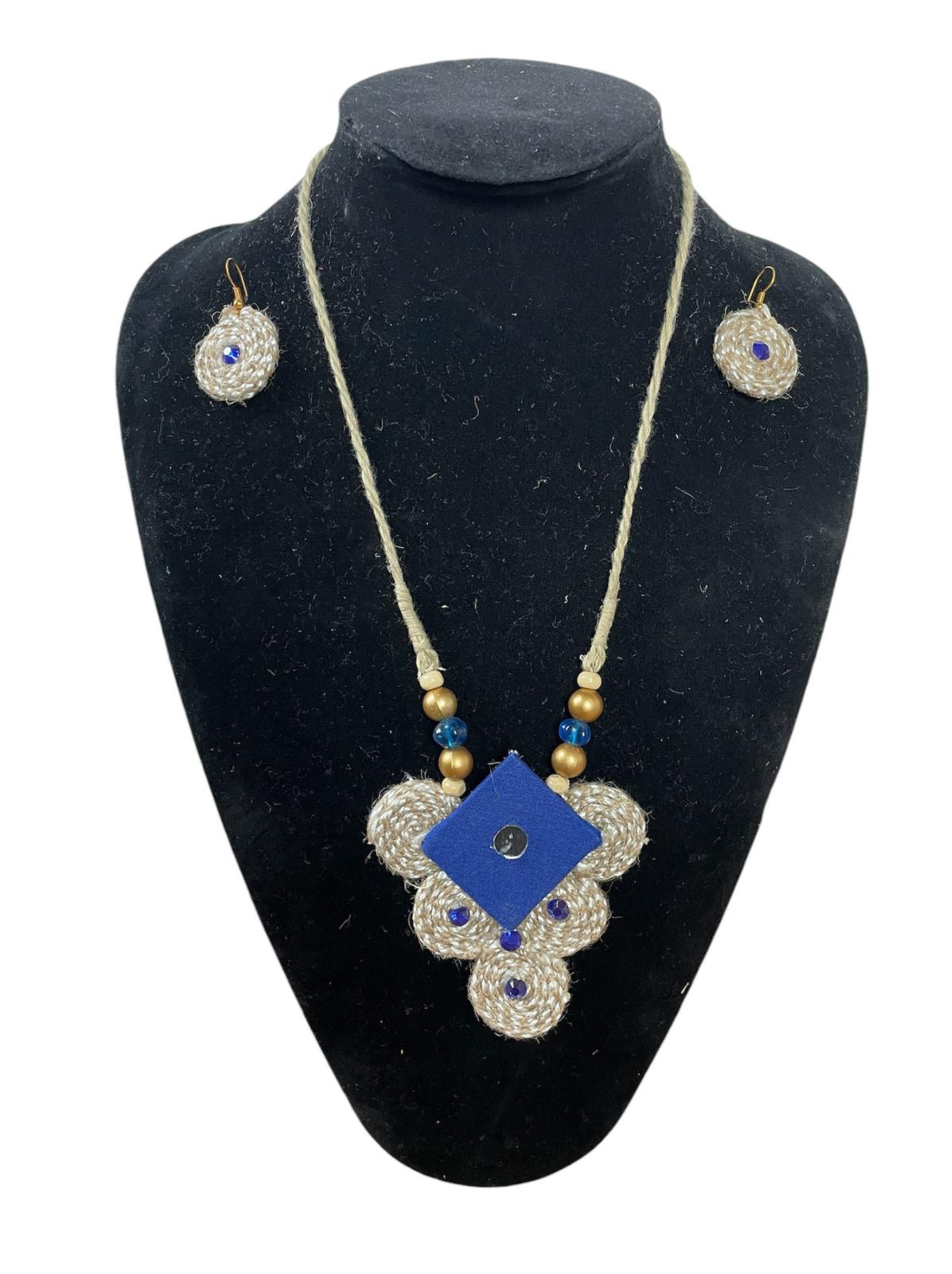 Eco-friendly Handmade Blue Diamond shape Necklace set || Jute Jewelry Set || Beach Wedding Jewelry for Bride