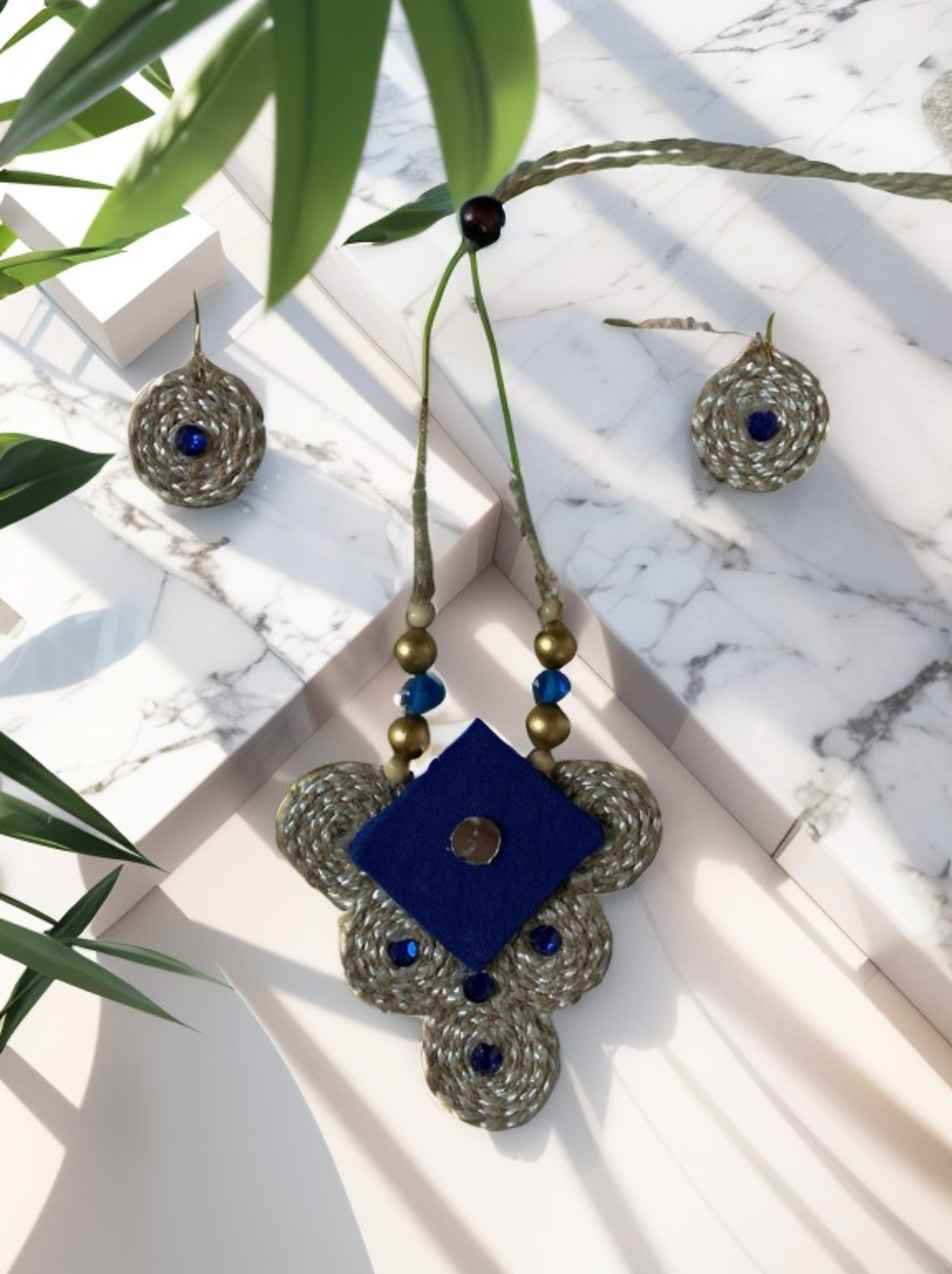 Eco-friendly Handmade Blue Diamond shape Necklace set || Jute Jewelry Set || Beach Wedding Jewelry for Bride