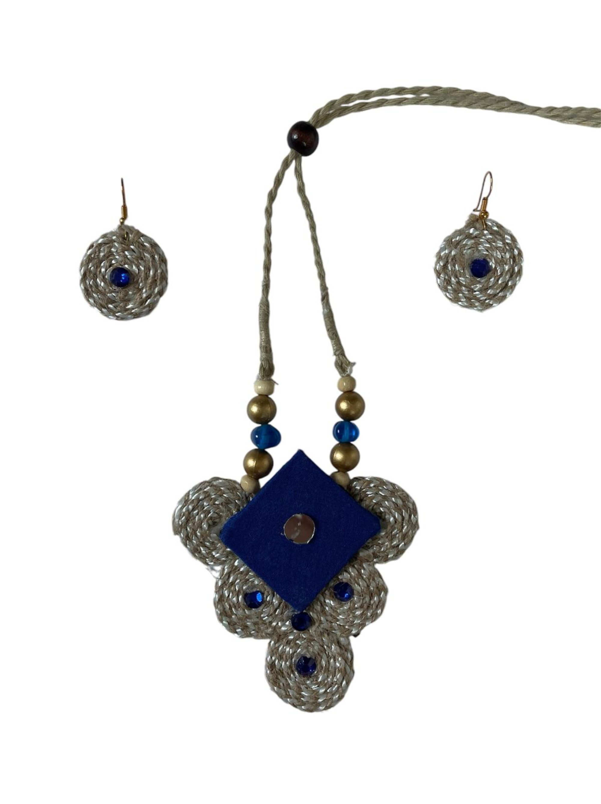 Eco-friendly Handmade Blue Diamond shape Necklace set || Jute Jewelry Set || Beach Wedding Jewelry for Bride