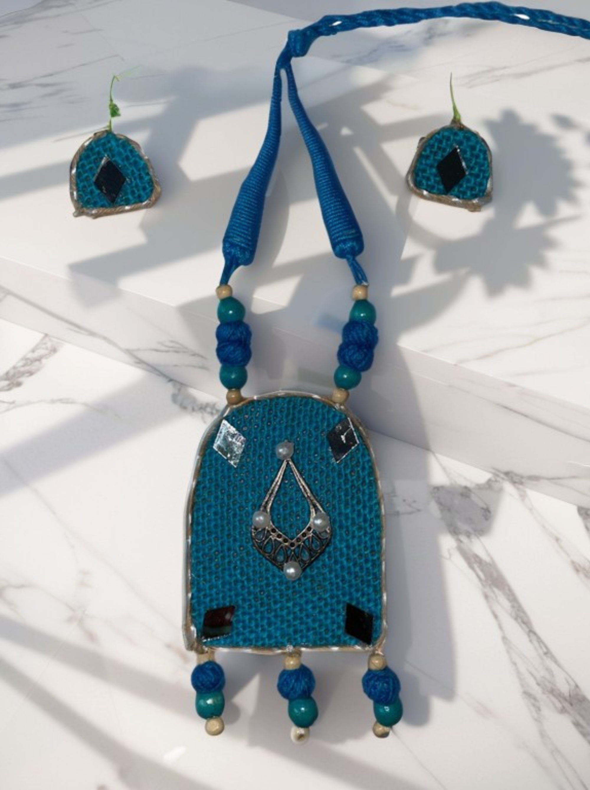 Eco-friendly Handmade Blue Robot shaped necklace set || Jute Jewelry Set || Beach Wedding Jewelry for Bride