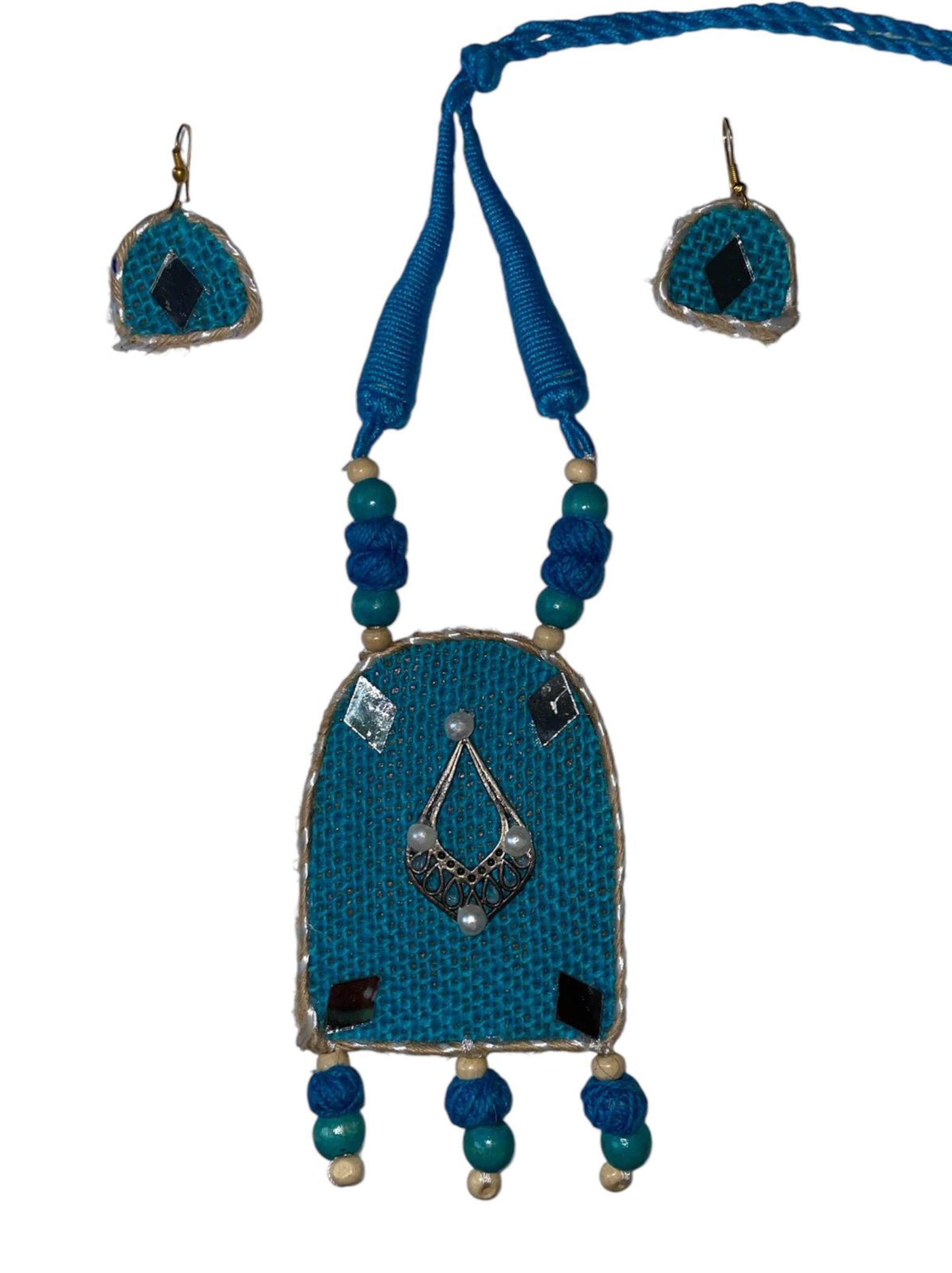 Eco-friendly Handmade Blue Robot shaped necklace set || Jute Jewelry Set || Beach Wedding Jewelry for Bride