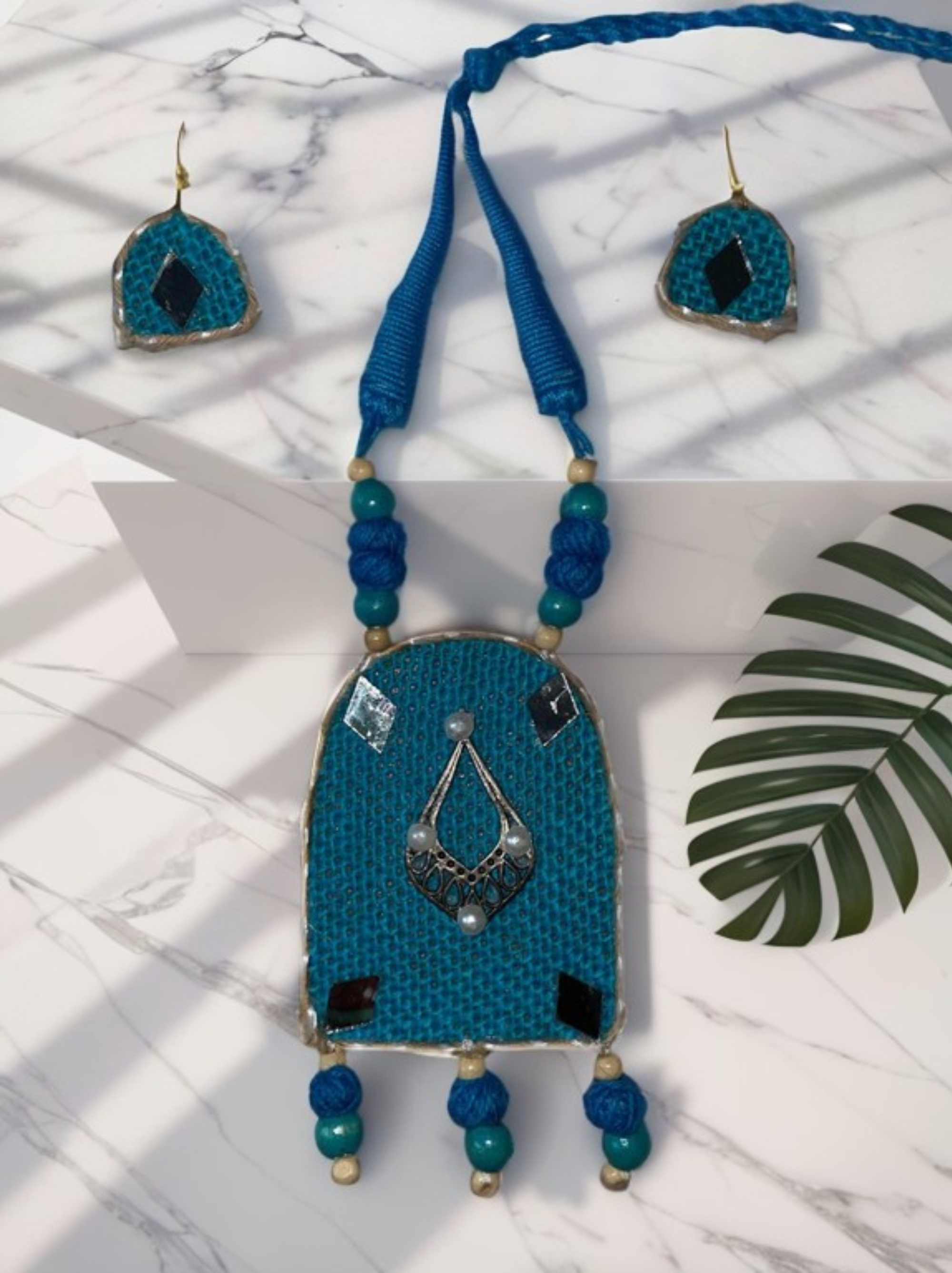 Eco-friendly Handmade Blue Robot shaped necklace set || Jute Jewelry Set || Beach Wedding Jewelry for Bride