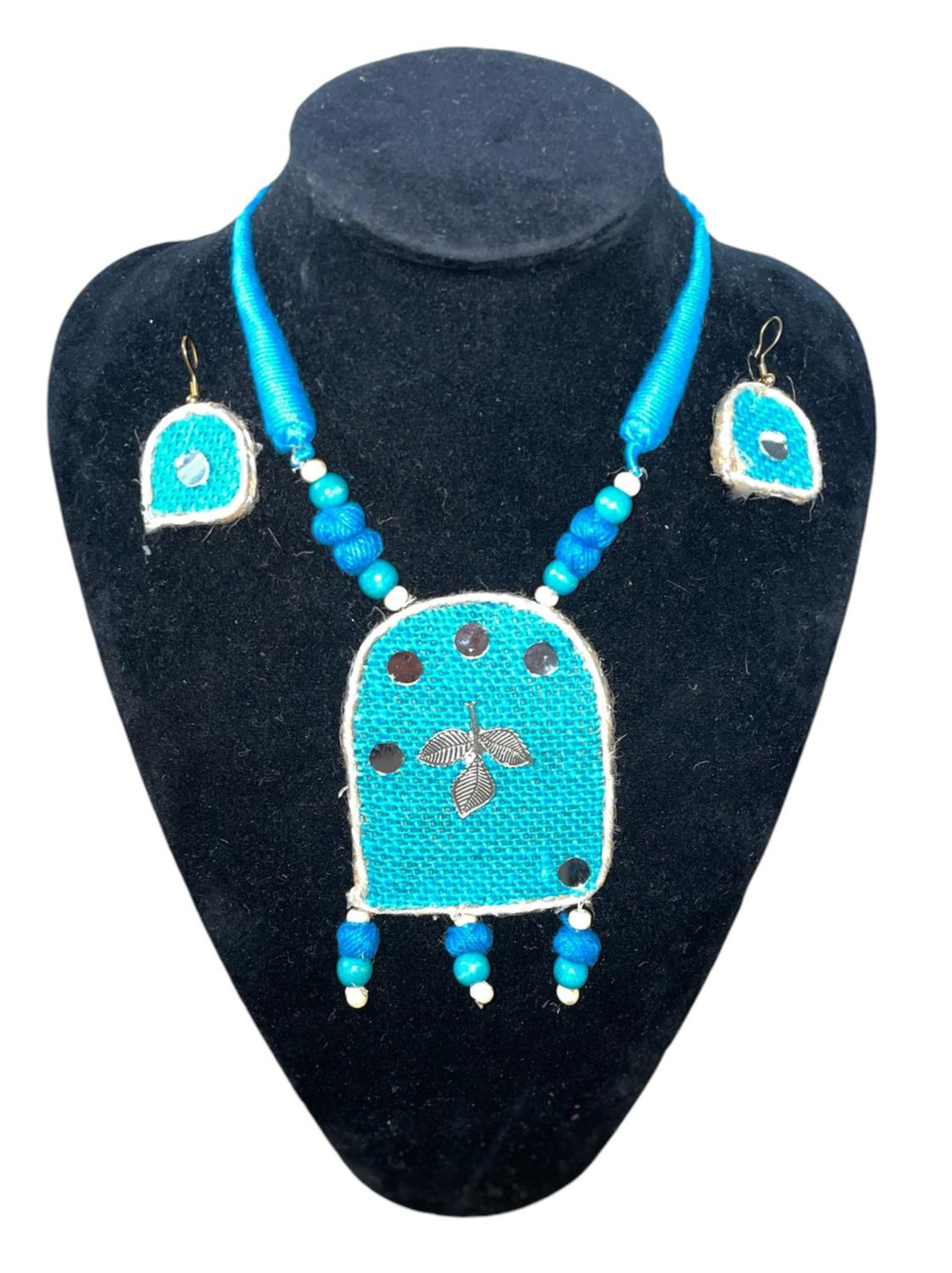 Eco-friendly Handmade Blue Flower design Robot shaped necklace set || Jute Jewelry Set || Beach Wedding Jewelry for Bride