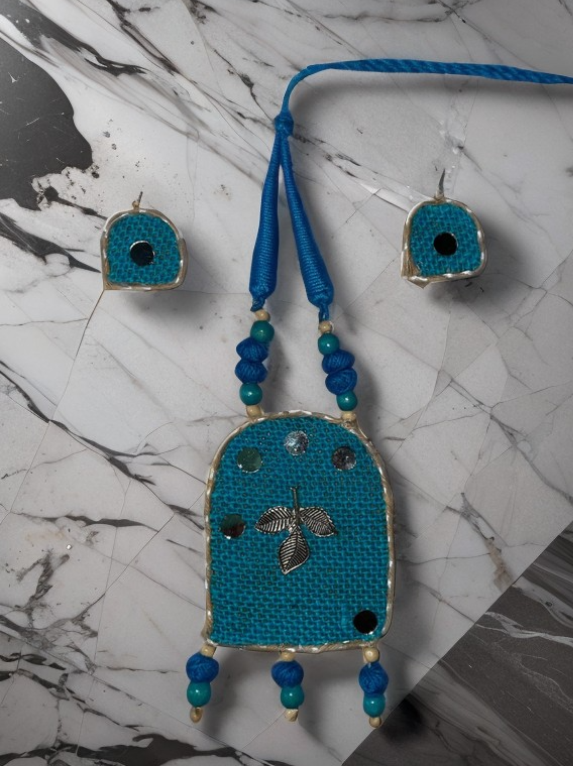 Eco-friendly Handmade Blue Flower design Robot shaped necklace set || Jute Jewelry Set || Beach Wedding Jewelry for Bride