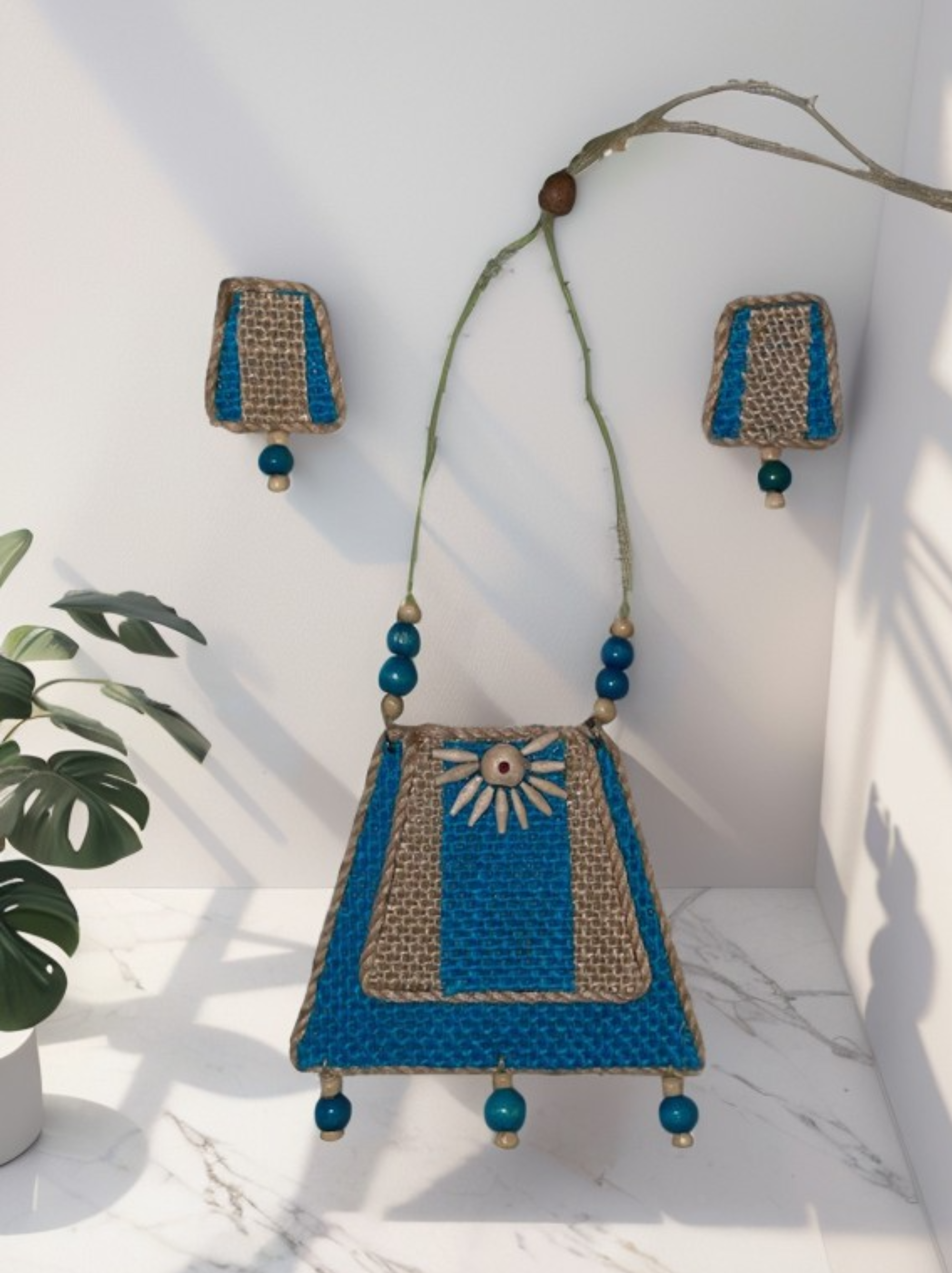 Eco-friendly Handmade  Blue mountain design necklace set || Jute Jewelry Set || Beach Wedding Jewelry for Bride