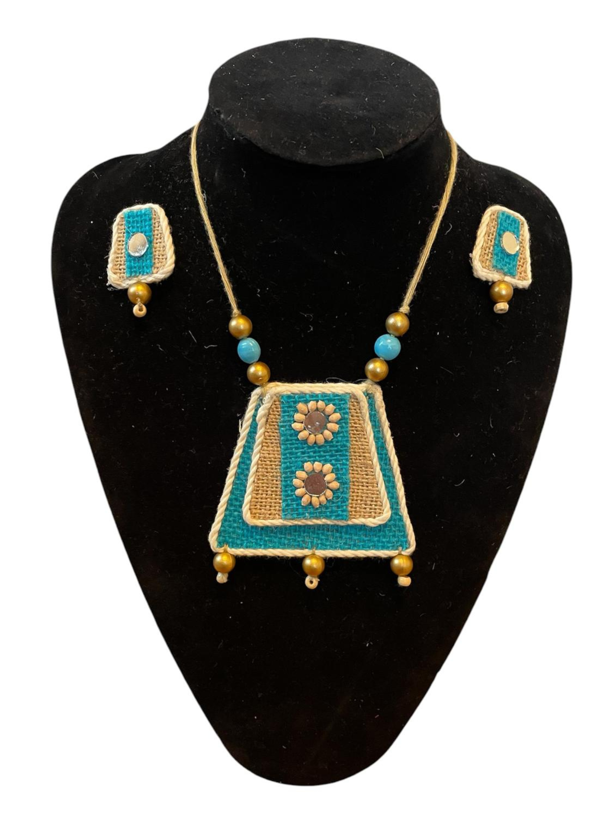 Eco-friendly Handmade Blue mountain double dot design necklace set || Jute Jewelry Set || Beach Wedding Jewelry for Bride