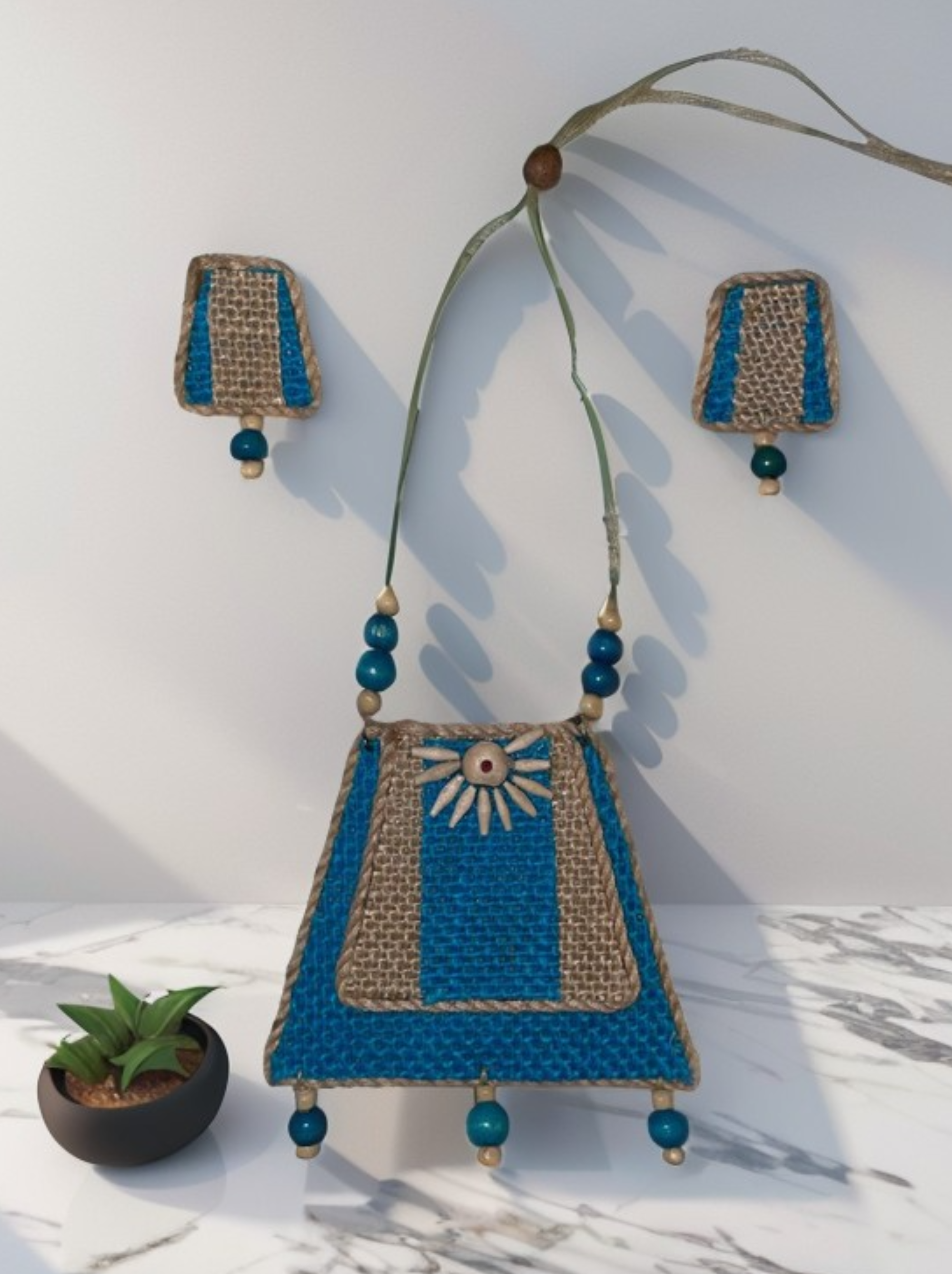 Eco-friendly Handmade  Blue mountain design necklace set || Jute Jewelry Set || Beach Wedding Jewelry for Bride