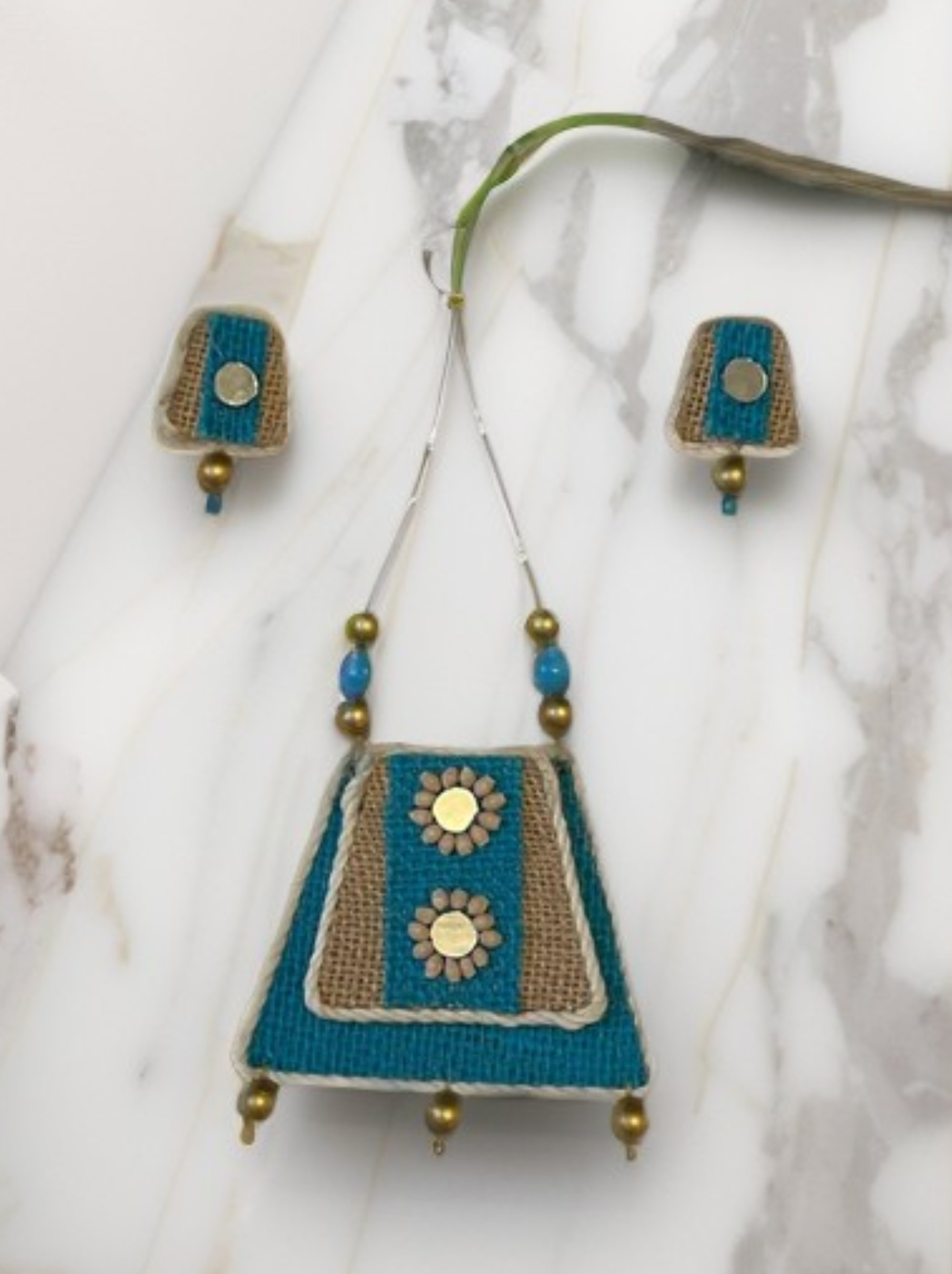 Eco-friendly Handmade Blue mountain double dot design necklace set || Jute Jewelry Set || Beach Wedding Jewelry for Bride