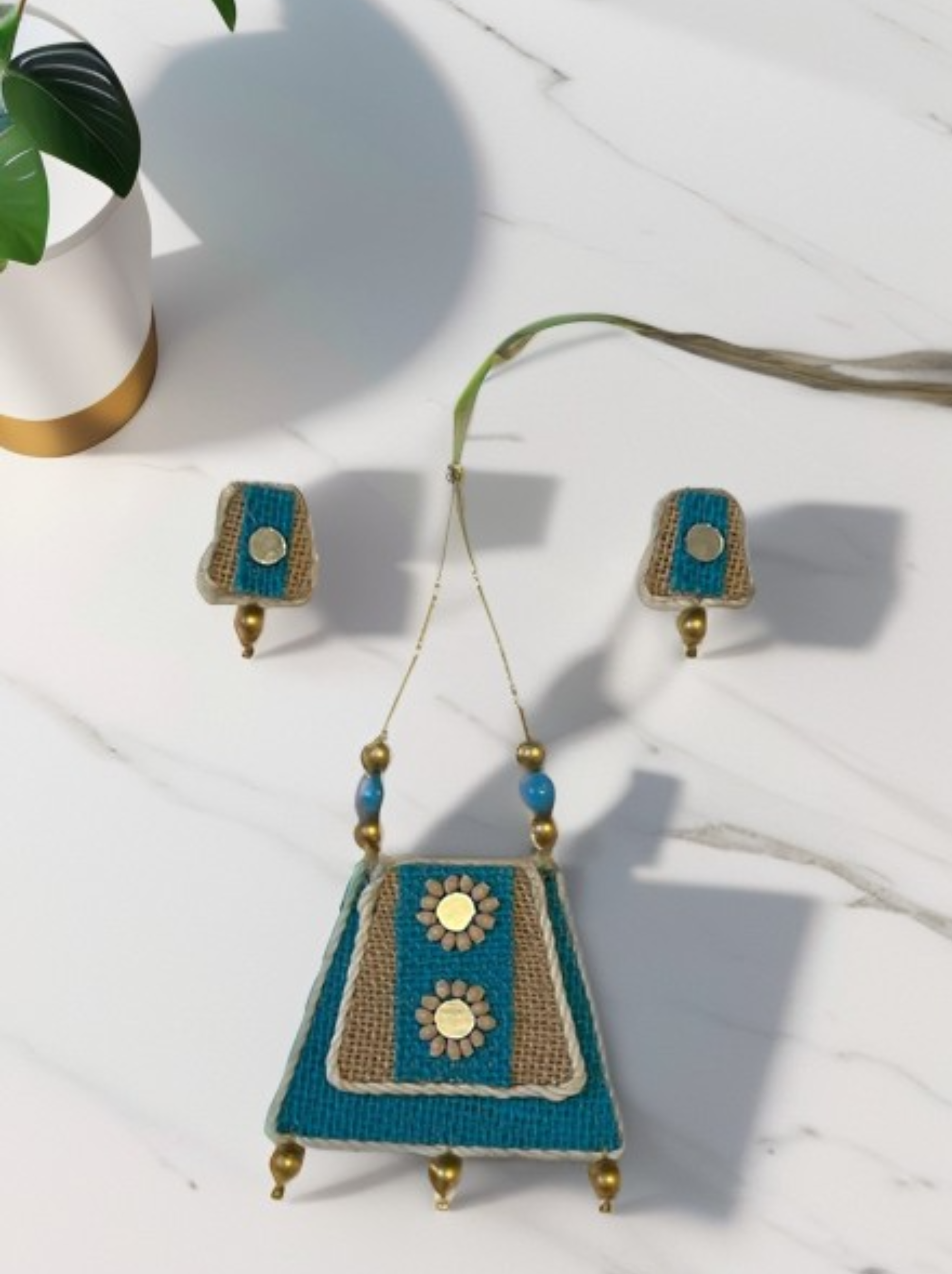 Eco-friendly Handmade Blue mountain double dot design necklace set || Jute Jewelry Set || Beach Wedding Jewelry for Bride