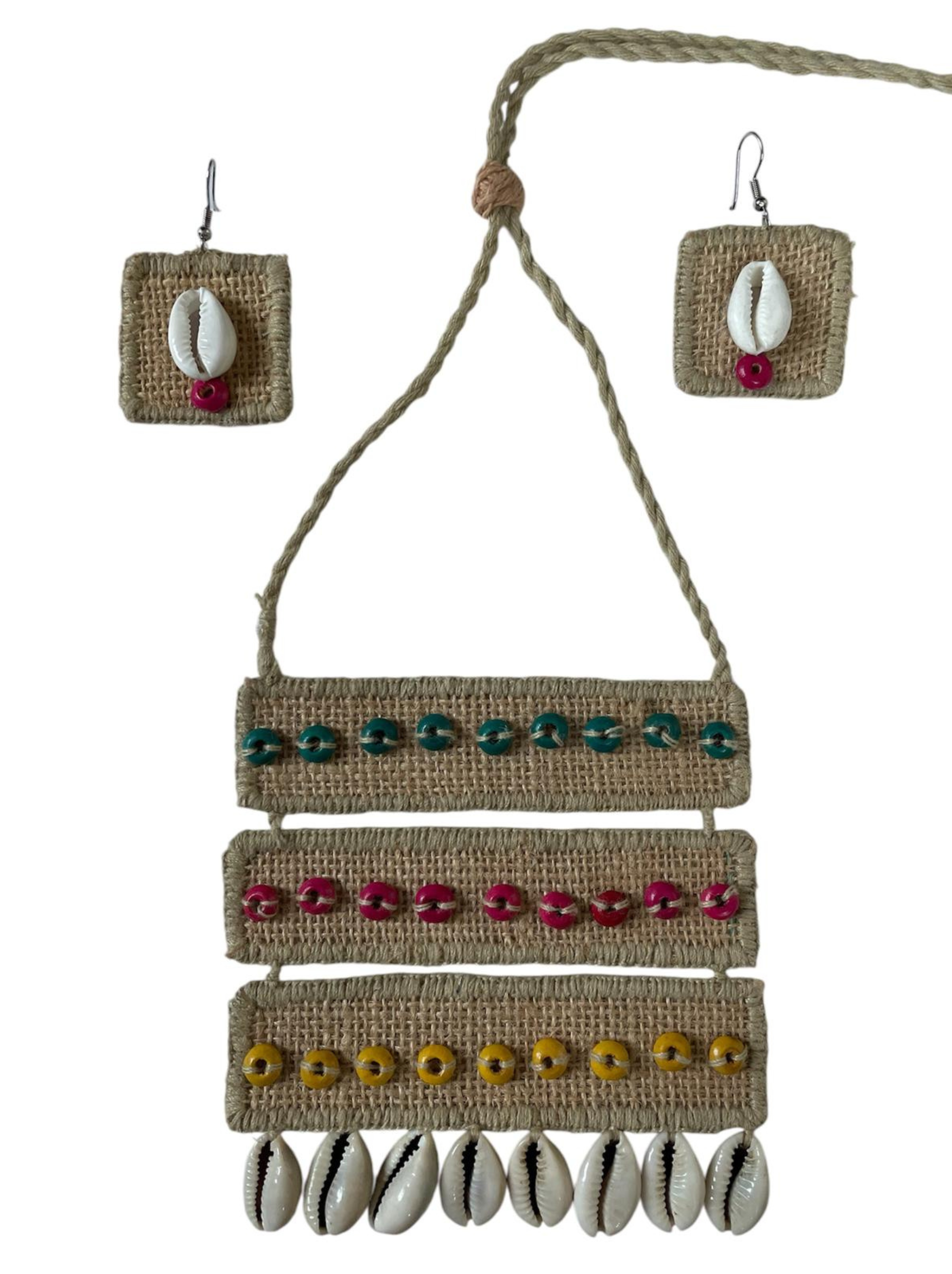 Eco-friendly Handmade Brick style necklace set || Jute Jewelry Set || Beach Wedding Jewelry for Bride