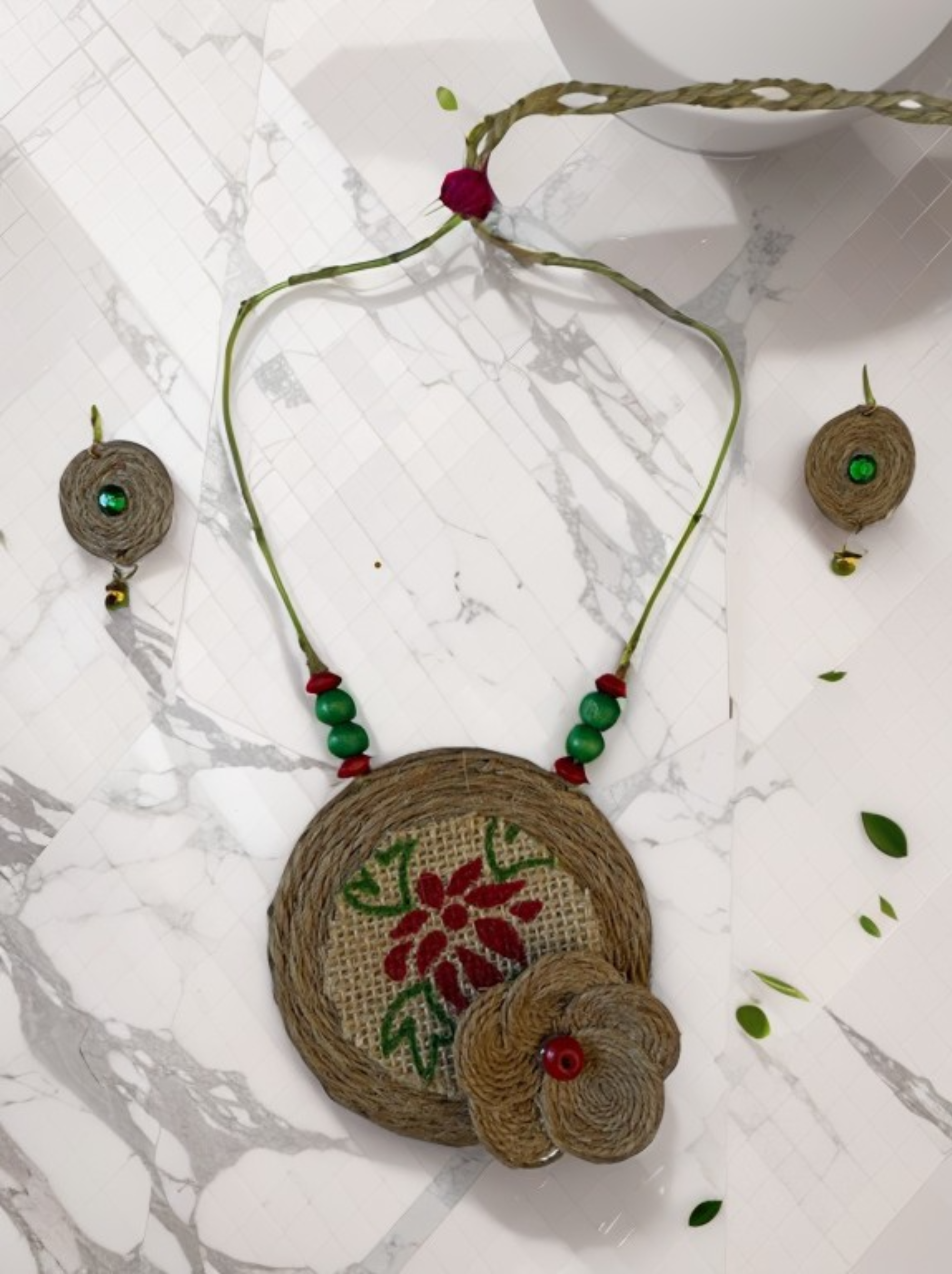 Eco-friendly Handmade Christmas style flower necklace set || Jute Jewelry Set || Beach Wedding Jewelry for Bride