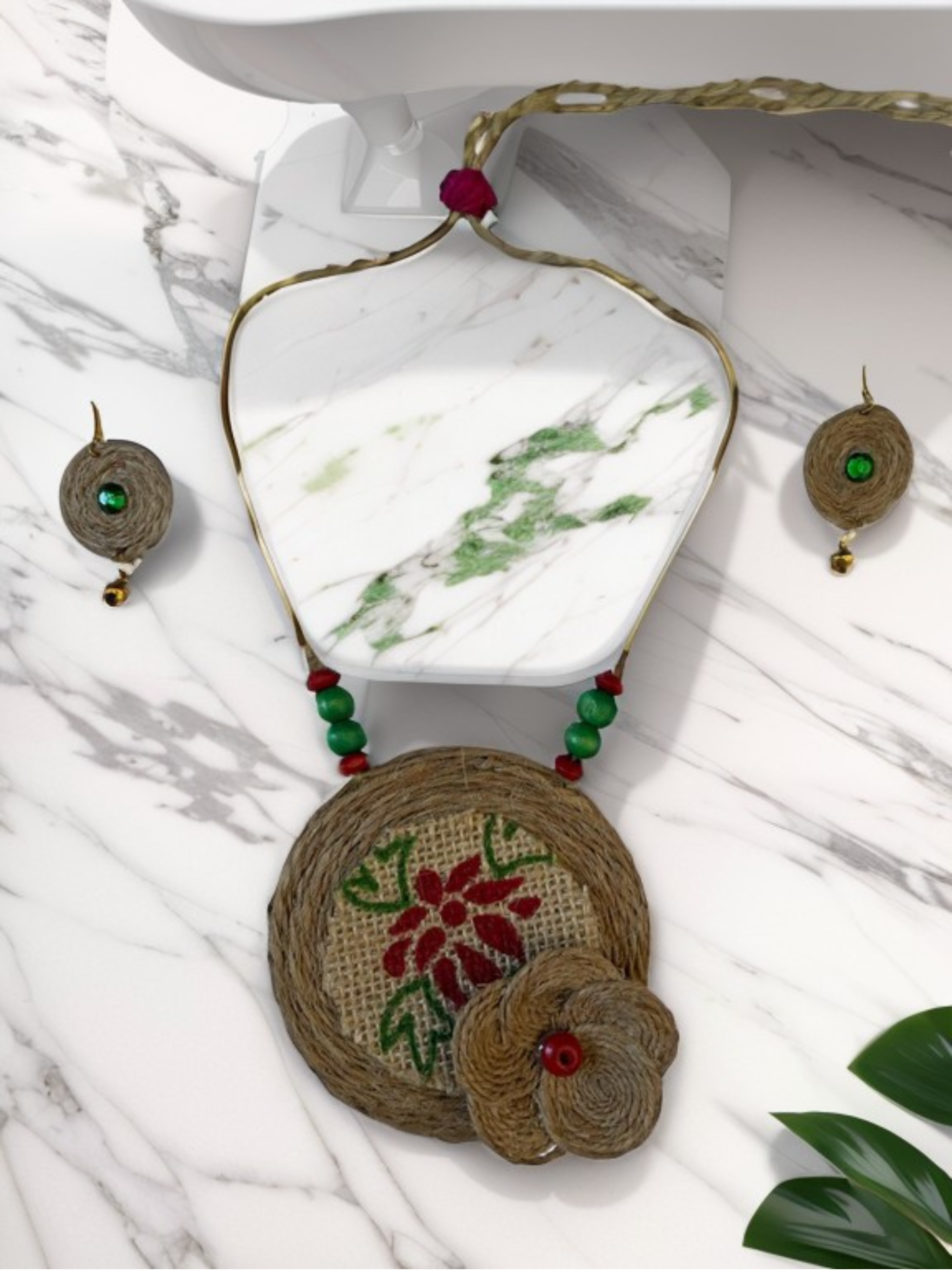 Eco-friendly Handmade Christmas style flower necklace set || Jute Jewelry Set || Beach Wedding Jewelry for Bride