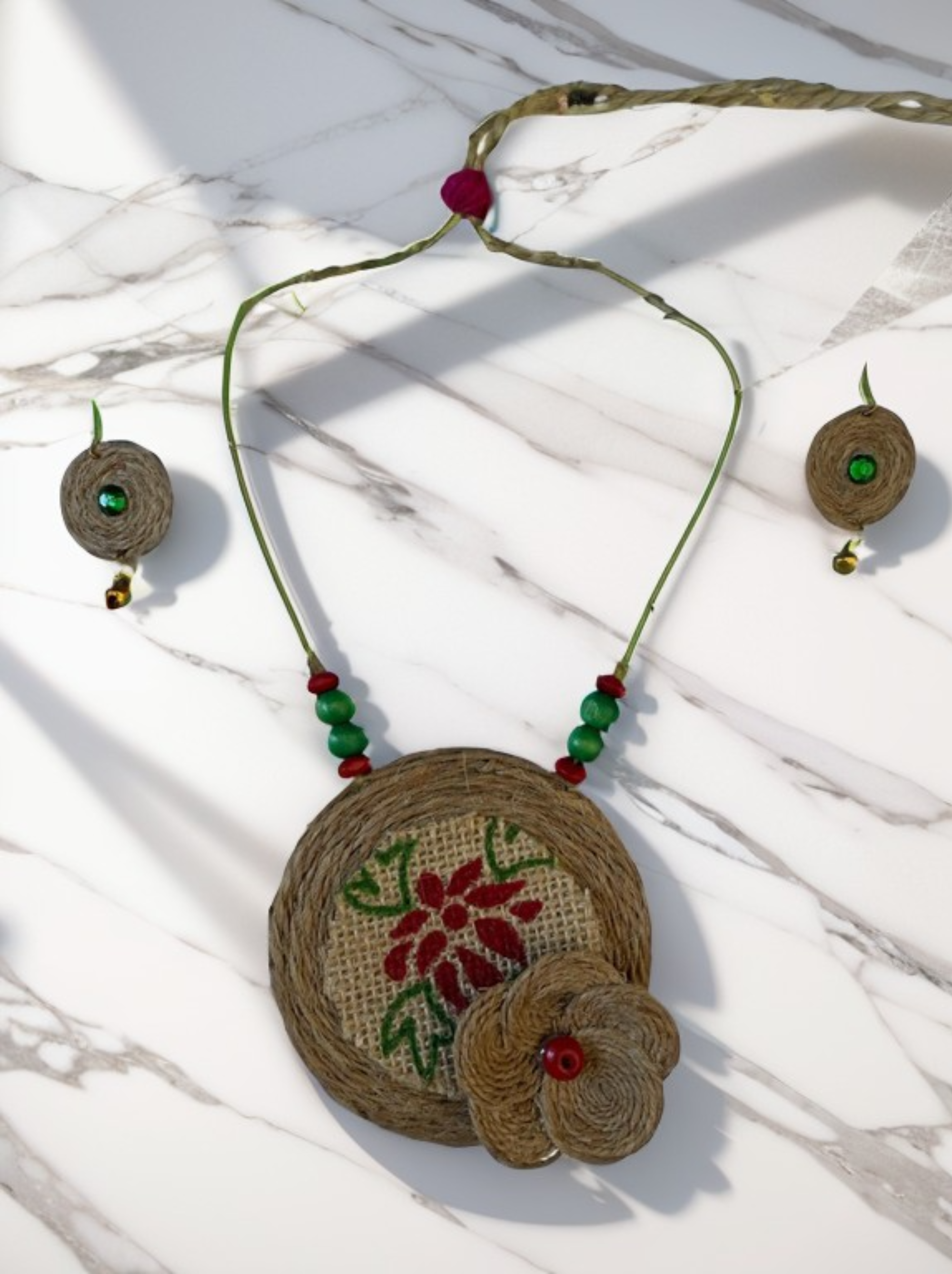 Eco-friendly Handmade Christmas style flower necklace set || Jute Jewelry Set || Beach Wedding Jewelry for Bride