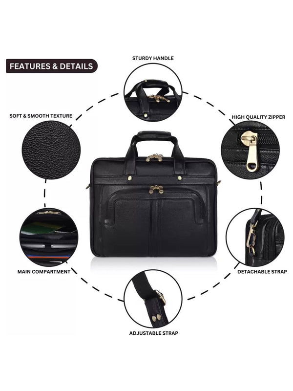 Elegant office-cum laptop leather bag - Black