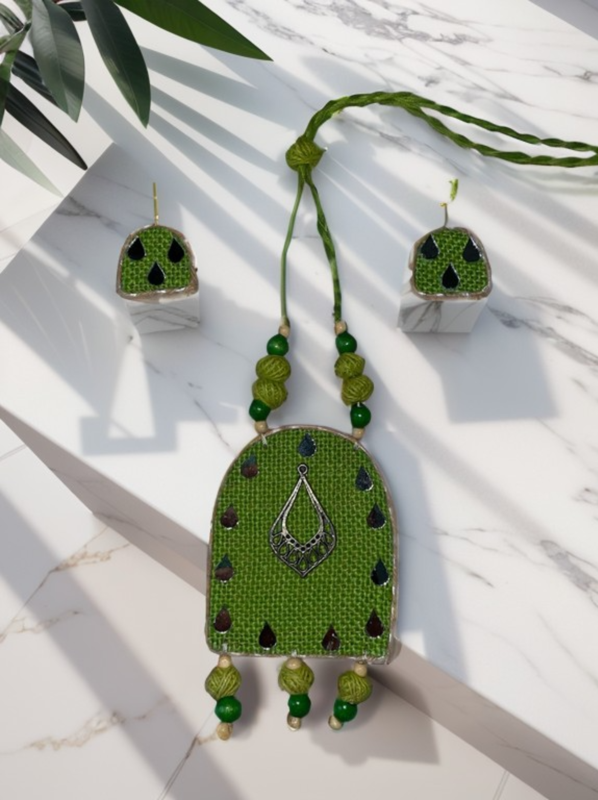 Eco-friendly Handmade Green Robot shaped necklace set || Jute Jewelry Set || Beach Wedding Jewelry for Bride