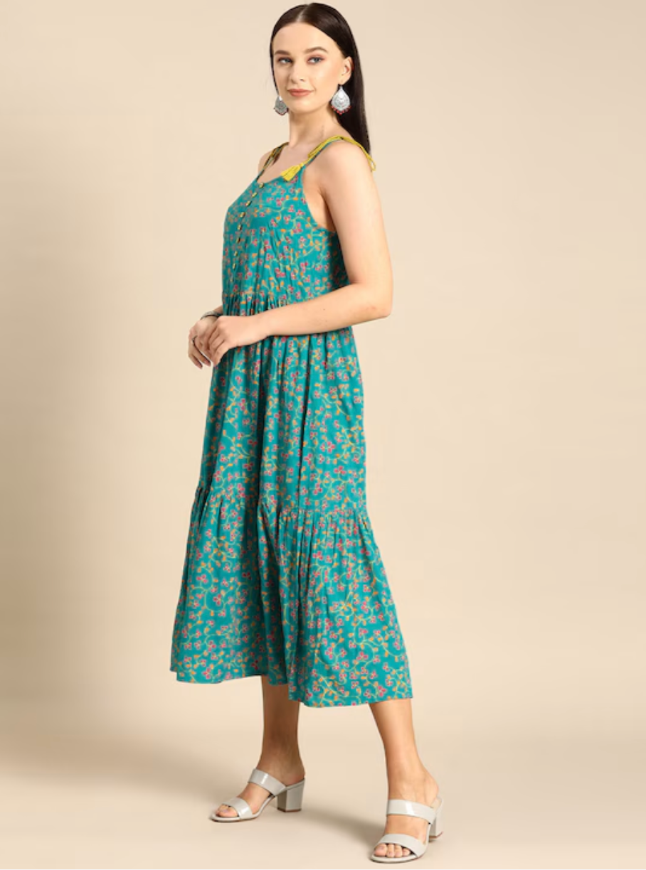 Green & pink ethnic motifs print tiered a-line midi dress - cotton / m - women