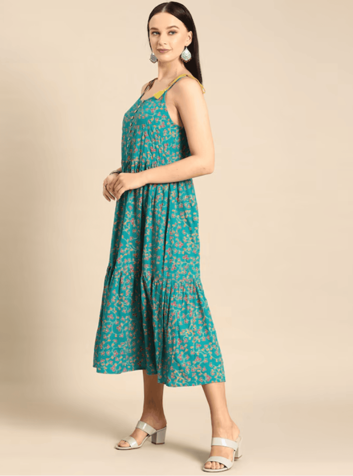 Green & pink ethnic motifs print tiered A-Line midi dress