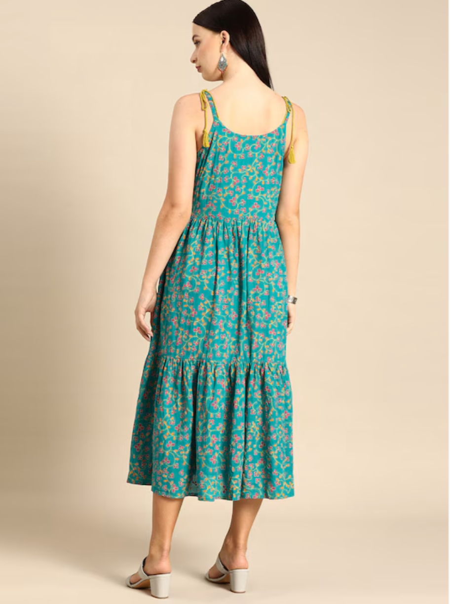 Green & pink ethnic motifs print tiered a-line midi dress - cotton / m - women