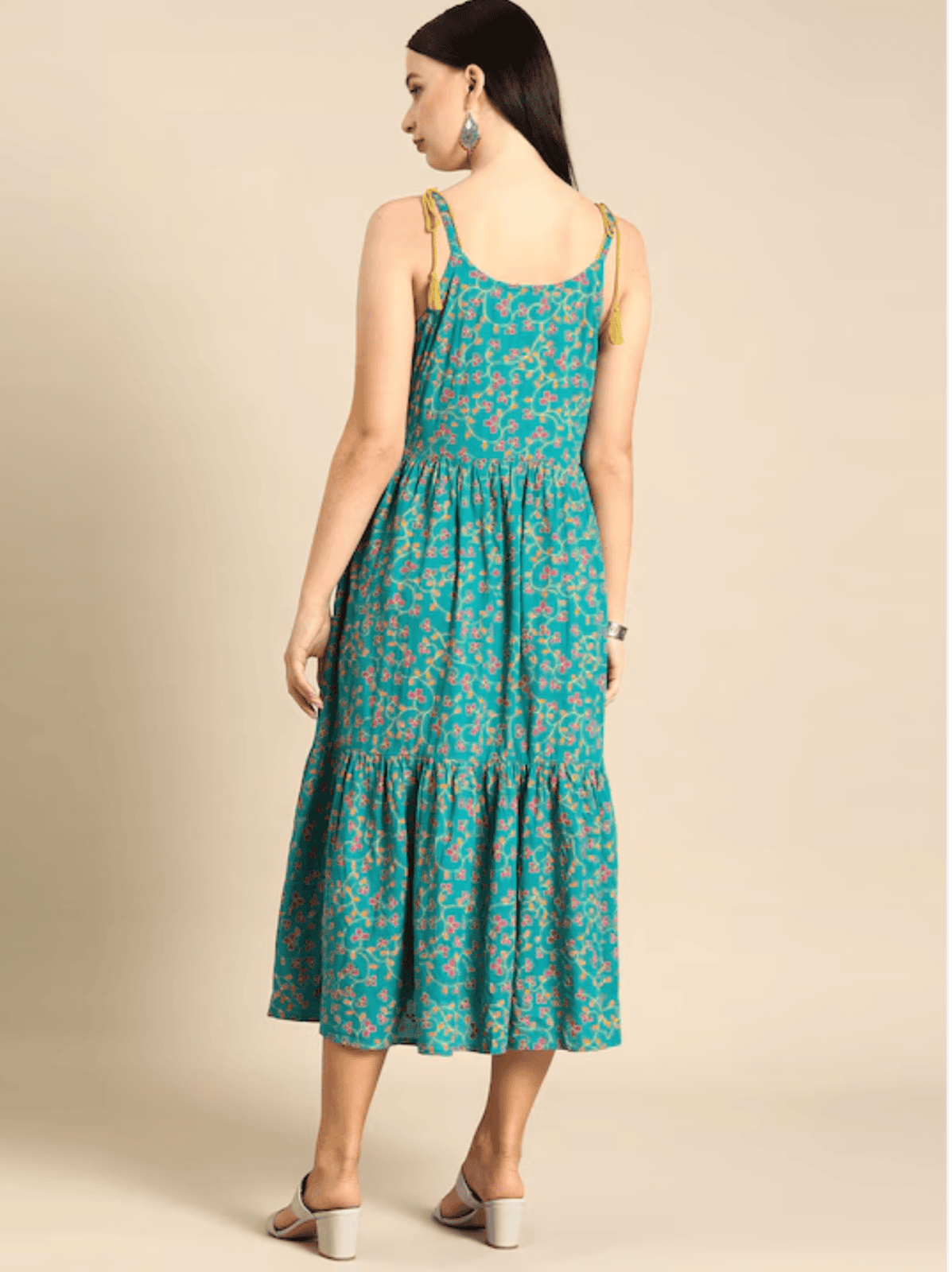 Green & pink ethnic motifs print tiered A-Line midi dress