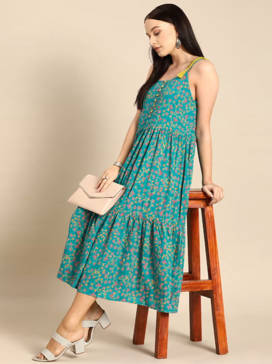 Green & pink ethnic motifs print tiered a-line midi dress - cotton / m - women